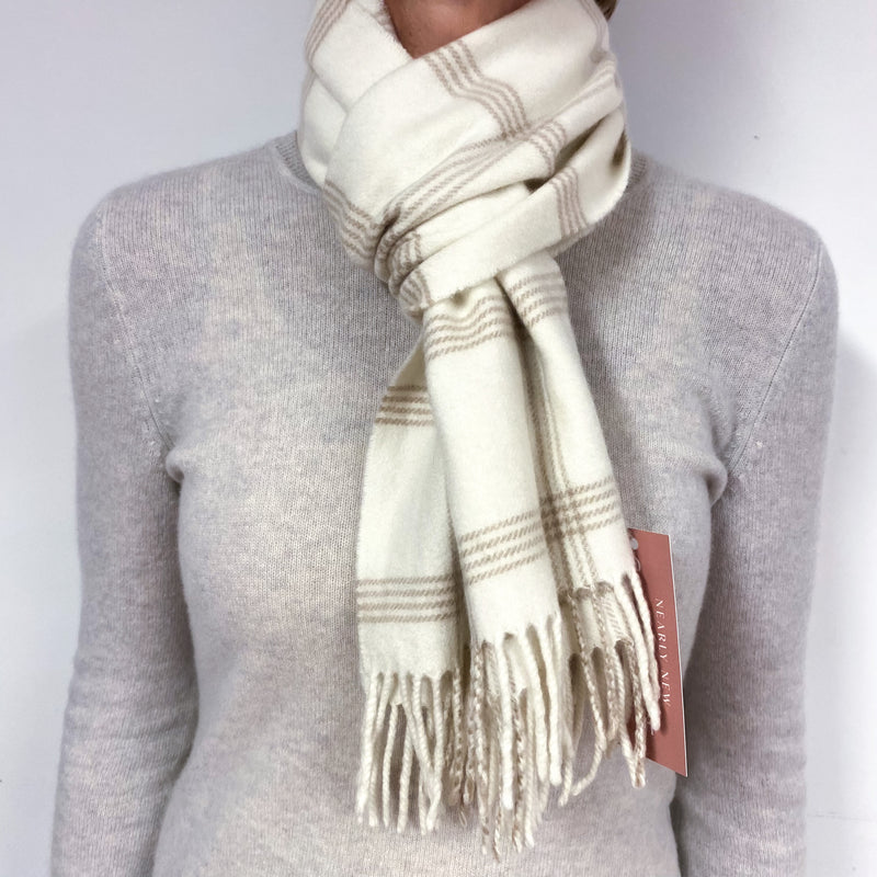 Cream and Beige Checked Cashmere Fringed Woven Scarf