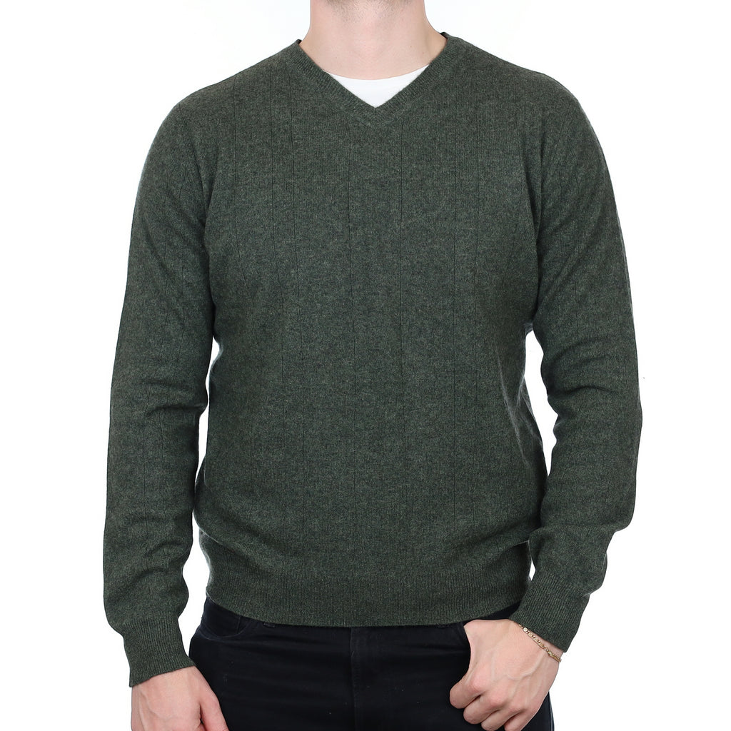 Men’s Khaki Green Striped Knit Cashmere V Neck Jumper Extra Large