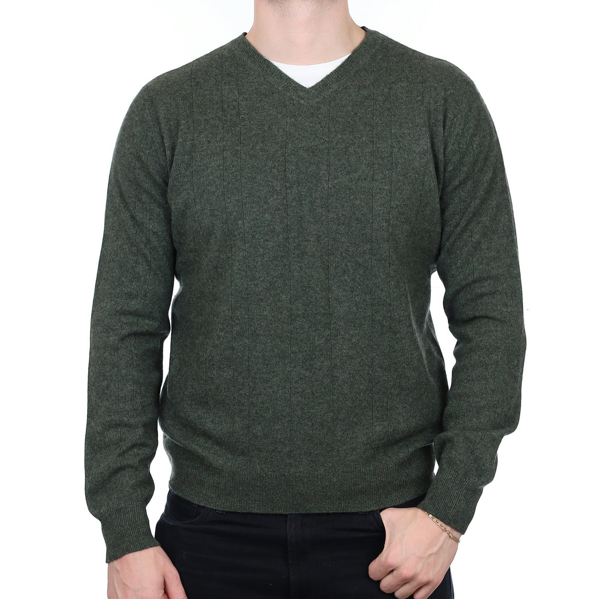 Men’s Khaki Green Striped Knit Cashmere V Neck Jumper Extra Large