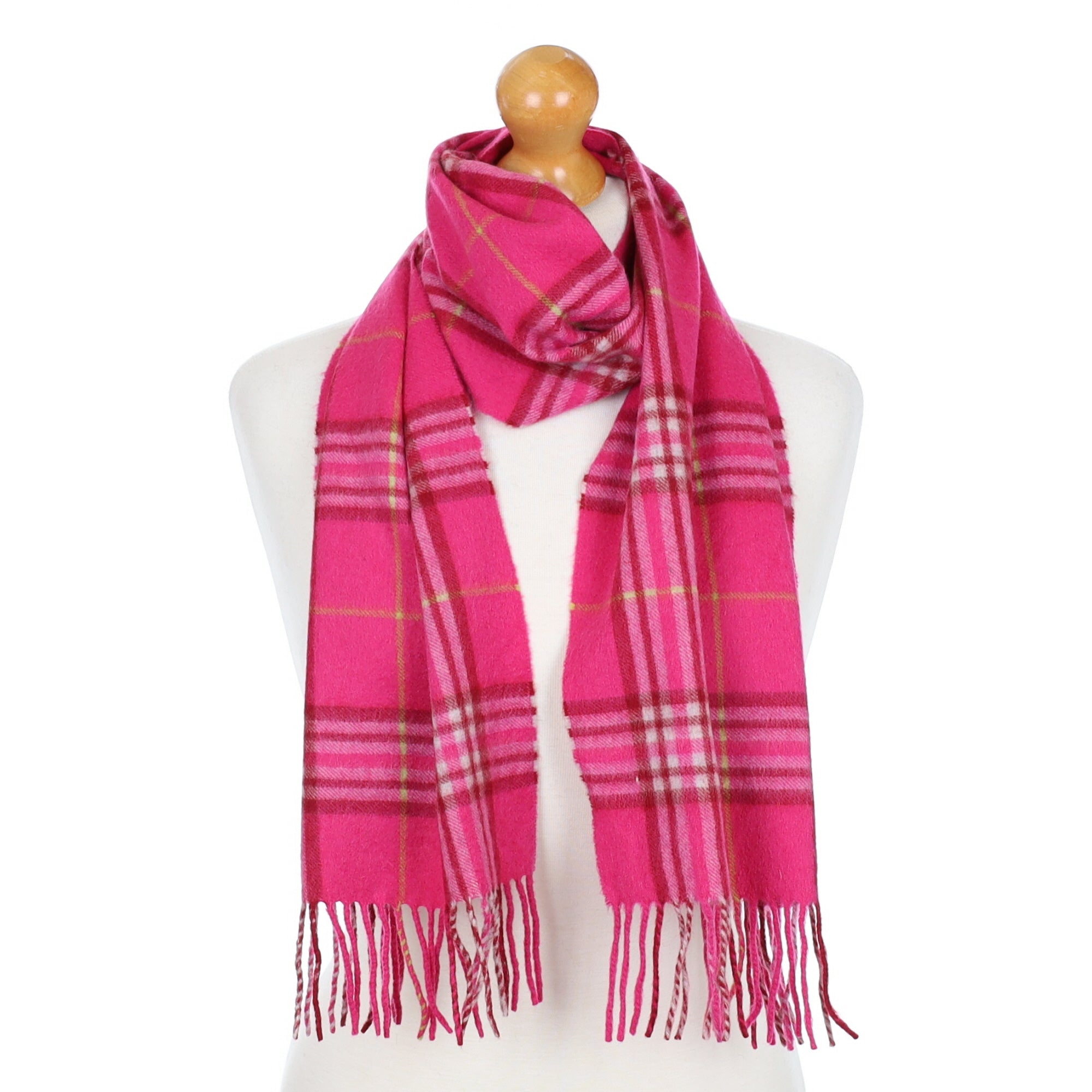 Hot Pink Checked Fringed Cashmere Woven Scarf