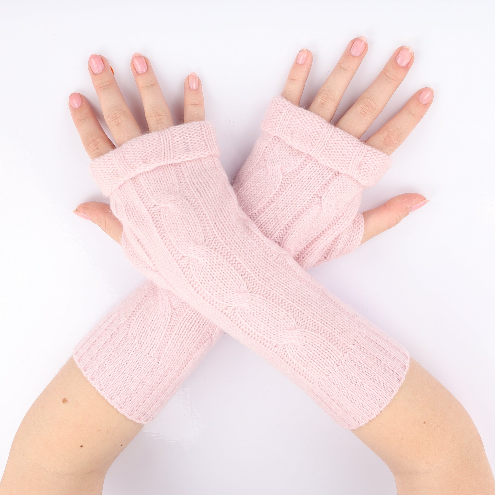 Ice Pink Cable Knit Fingerless Gloves