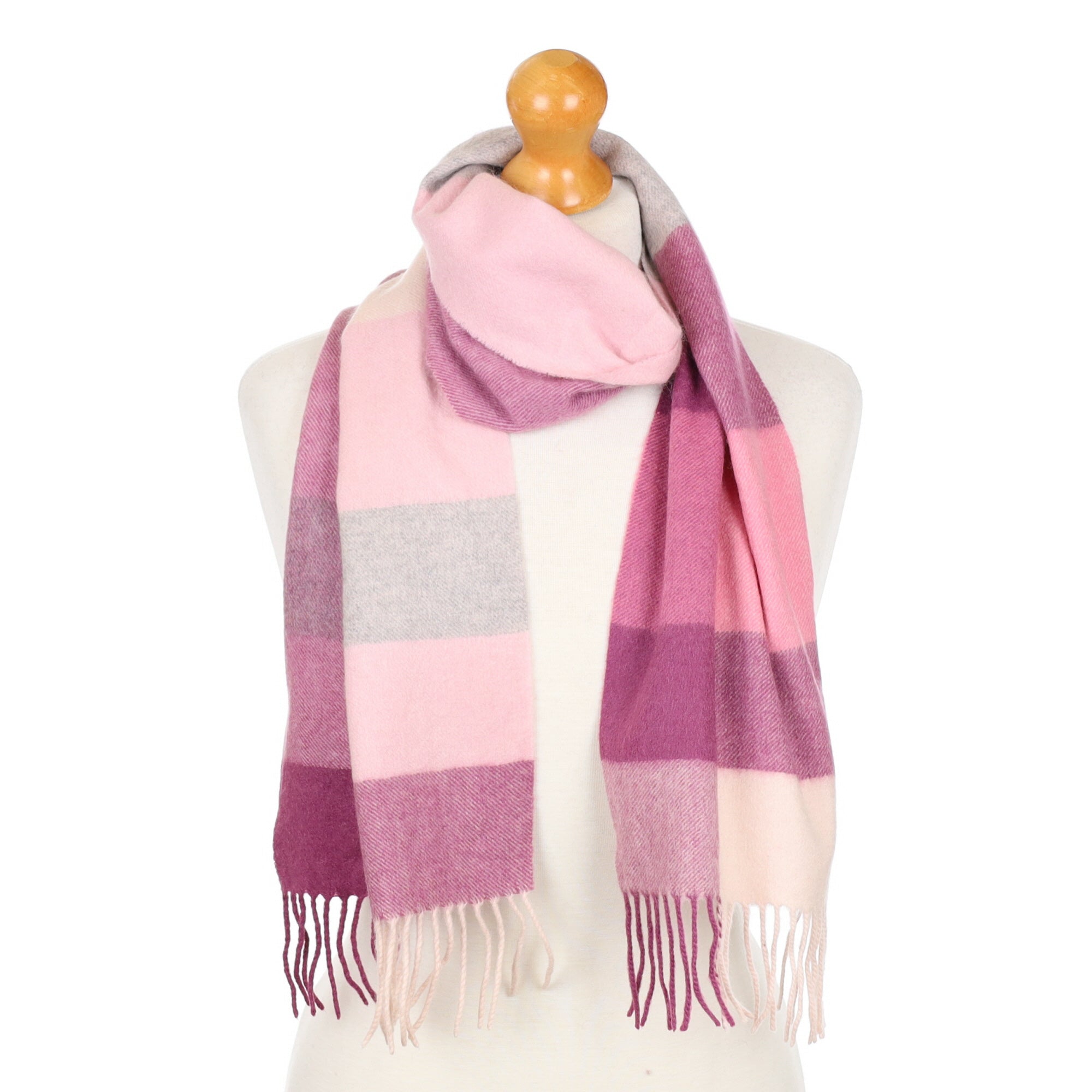 Pink Checked Fringed Cashmere Woven Scarf