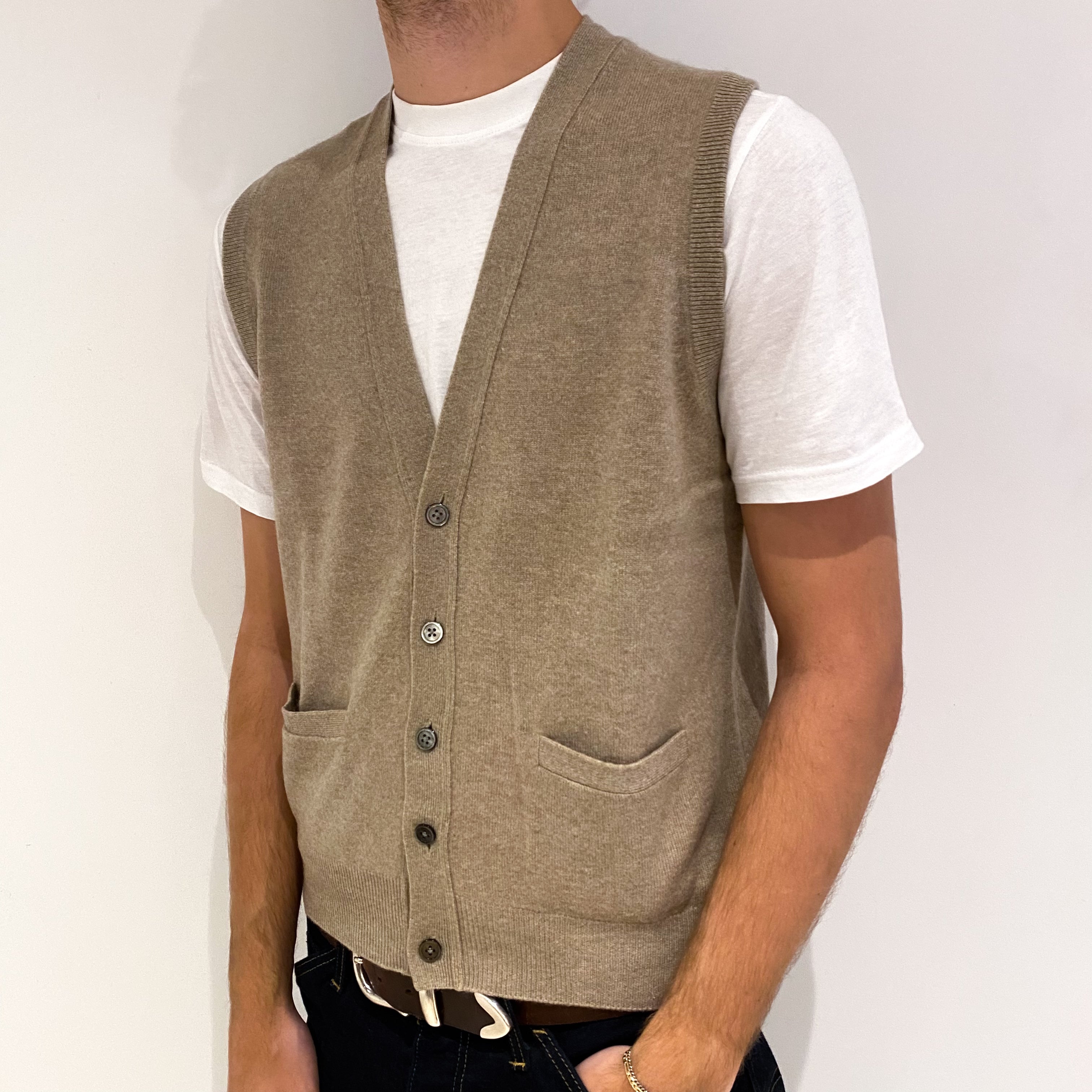Men's Taupe Brown Cashmere V-Neck Gilet Medium