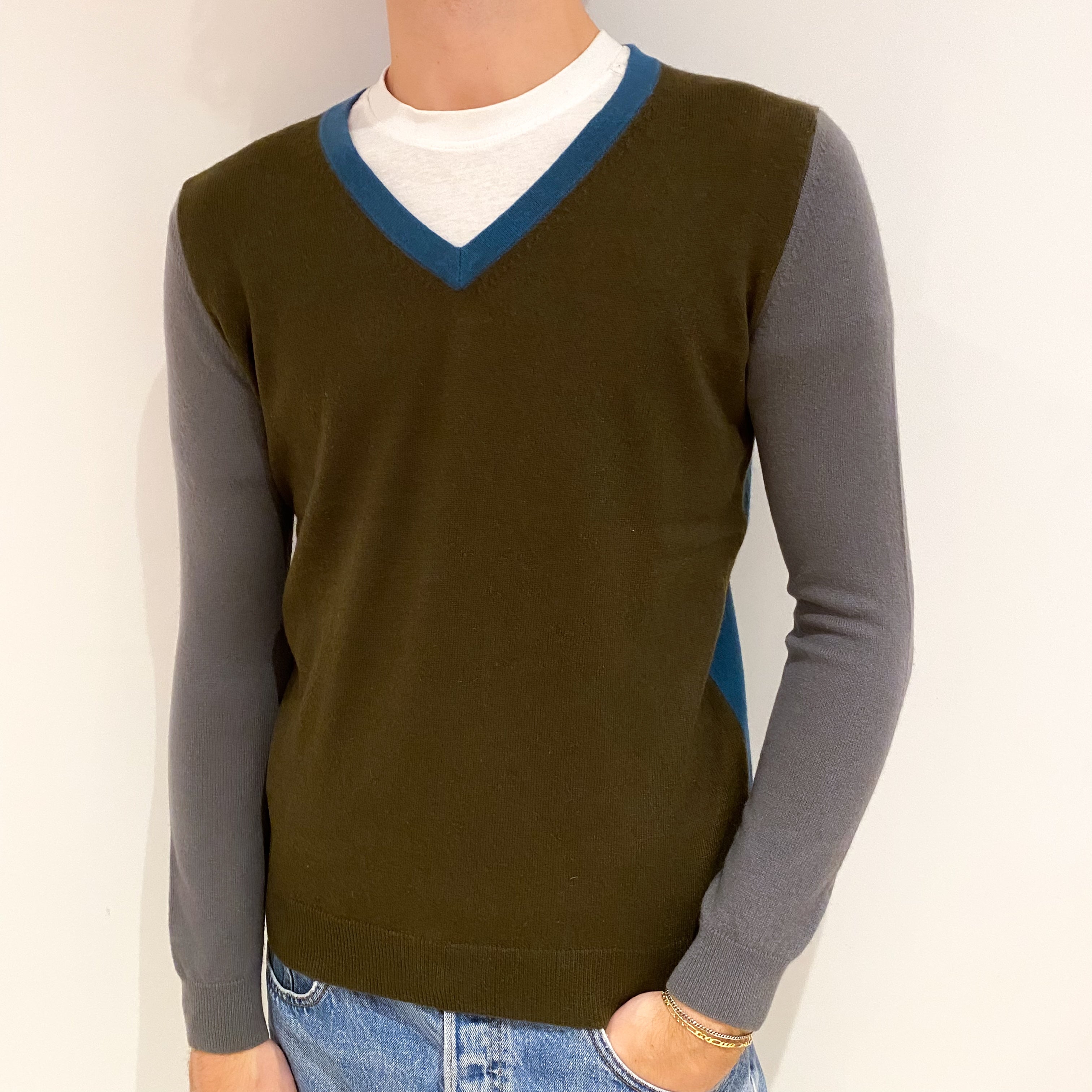 Men's Khaki Grey and Teal Cashmere V Neck Jumper Large