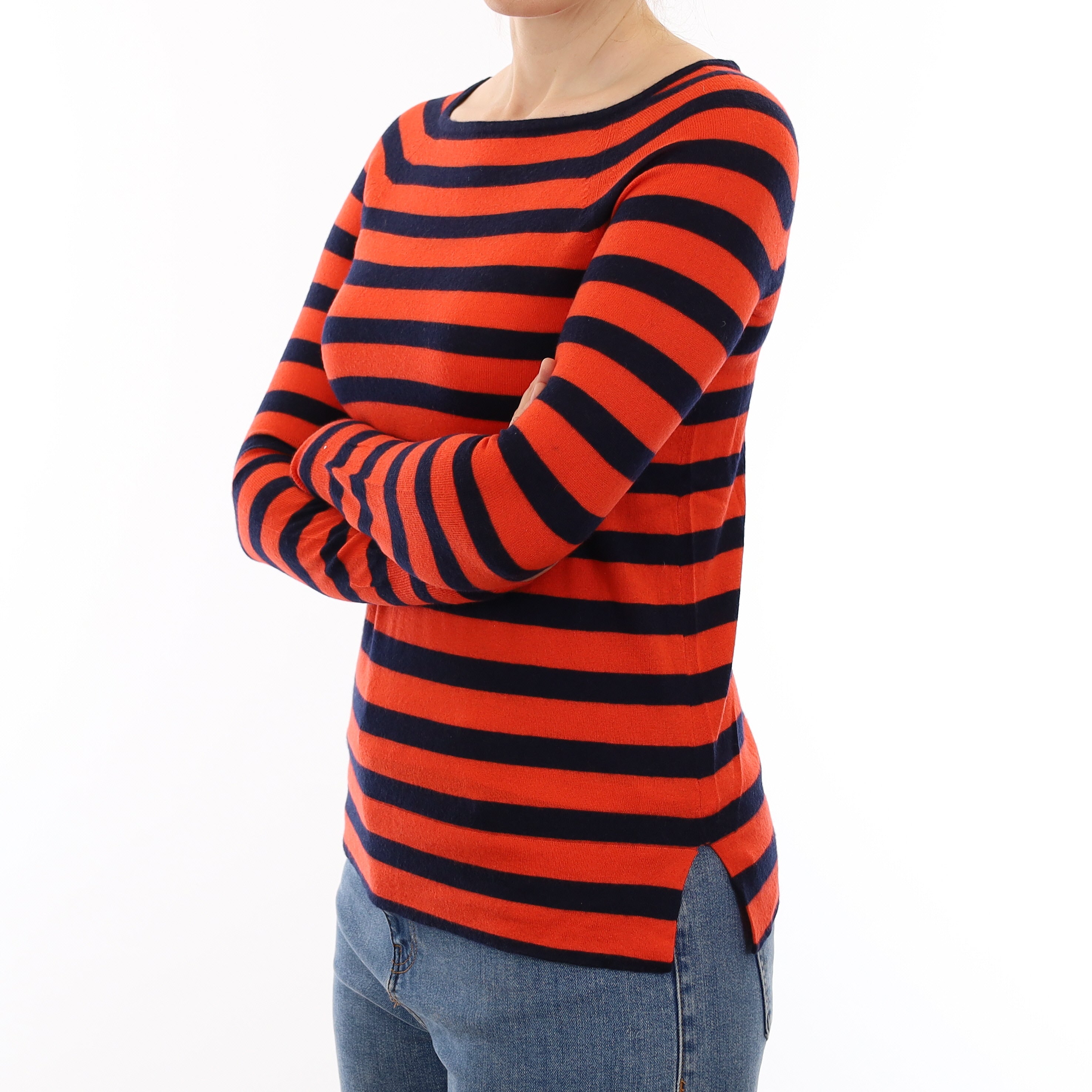 Orange and Navy Stripe Cashmere Boat Neck Jumper Small