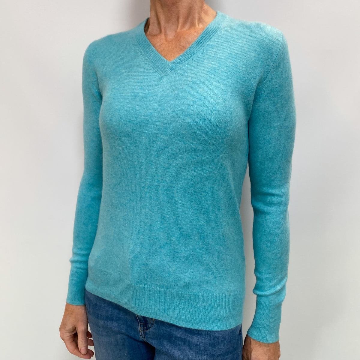 Aqua Blue Cashmere V Neck Jumper Small