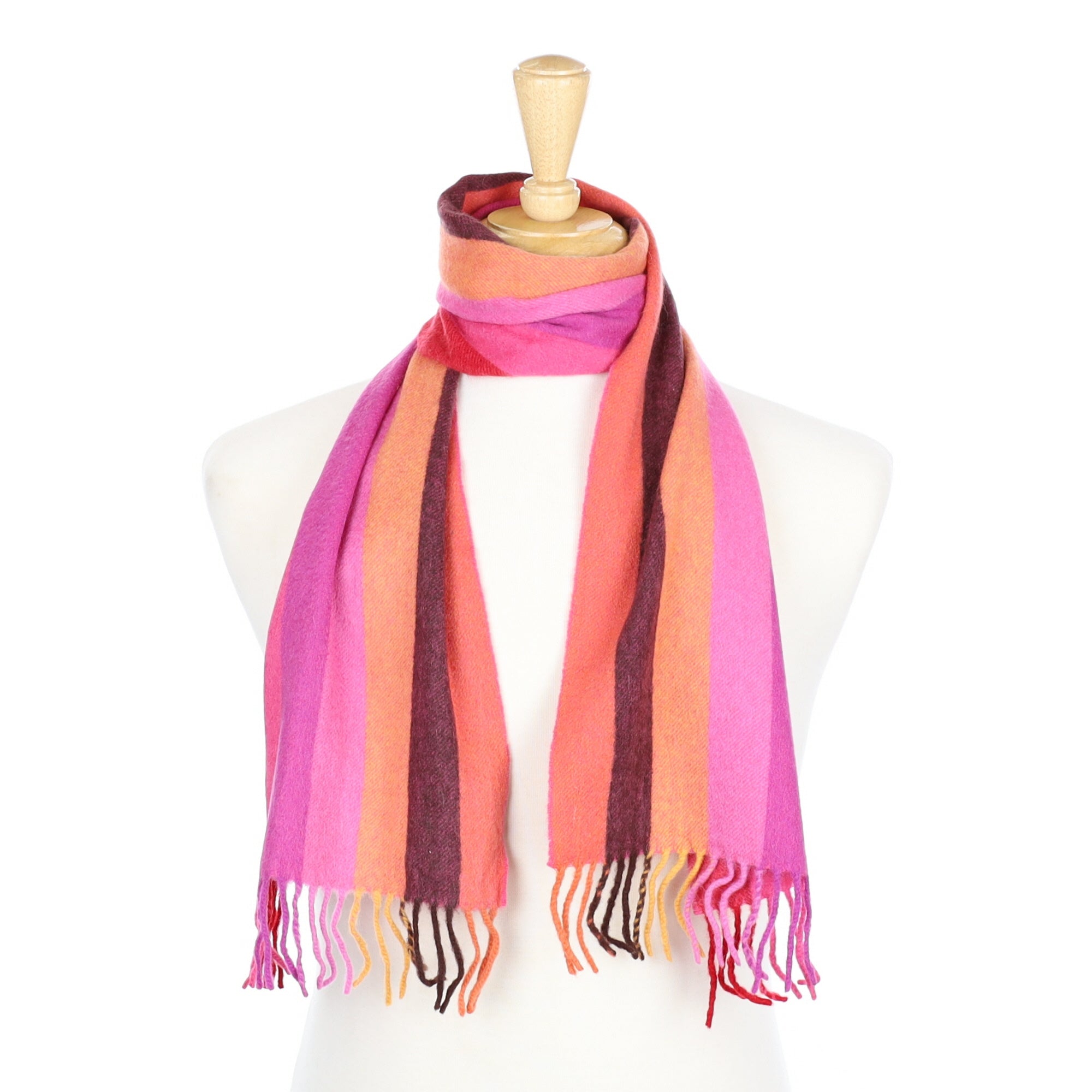 Pink Striped Cashmere Fringed Woven Scarf