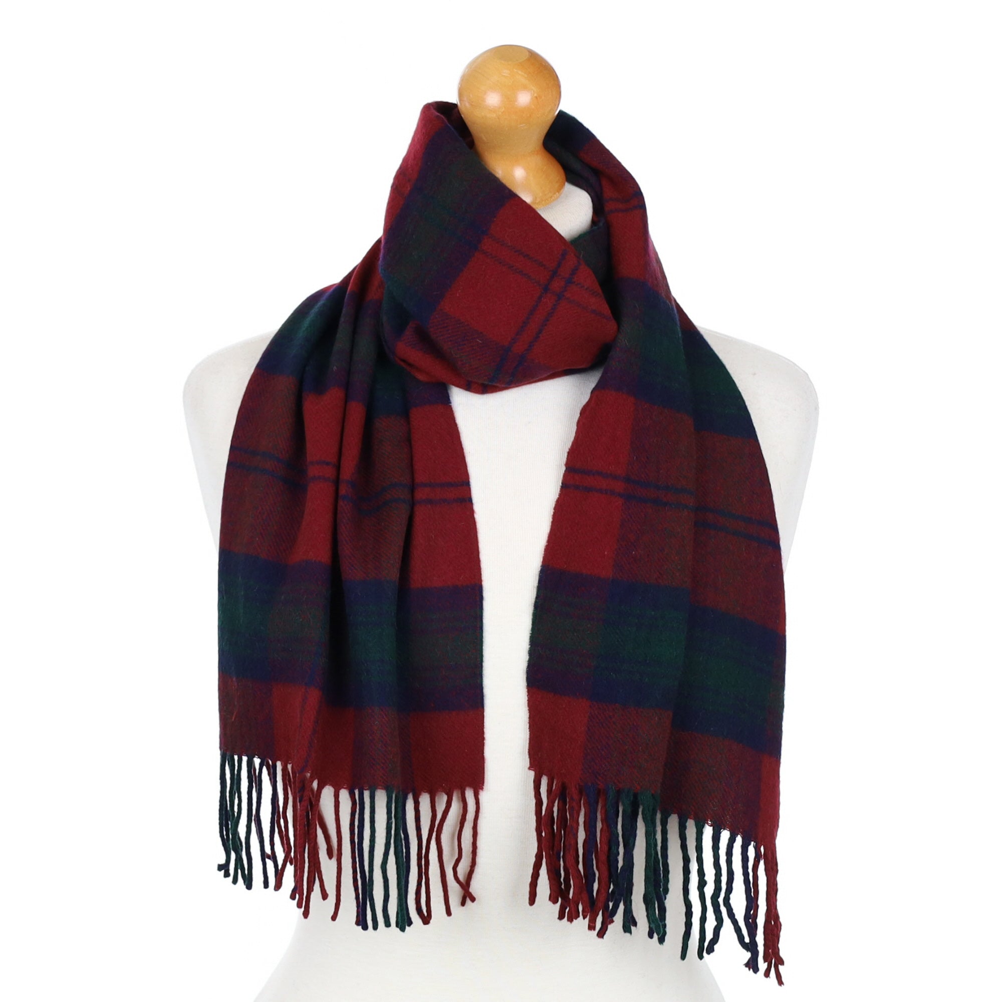 Red and Green Checked Fringed Cashmere Woven Scarf