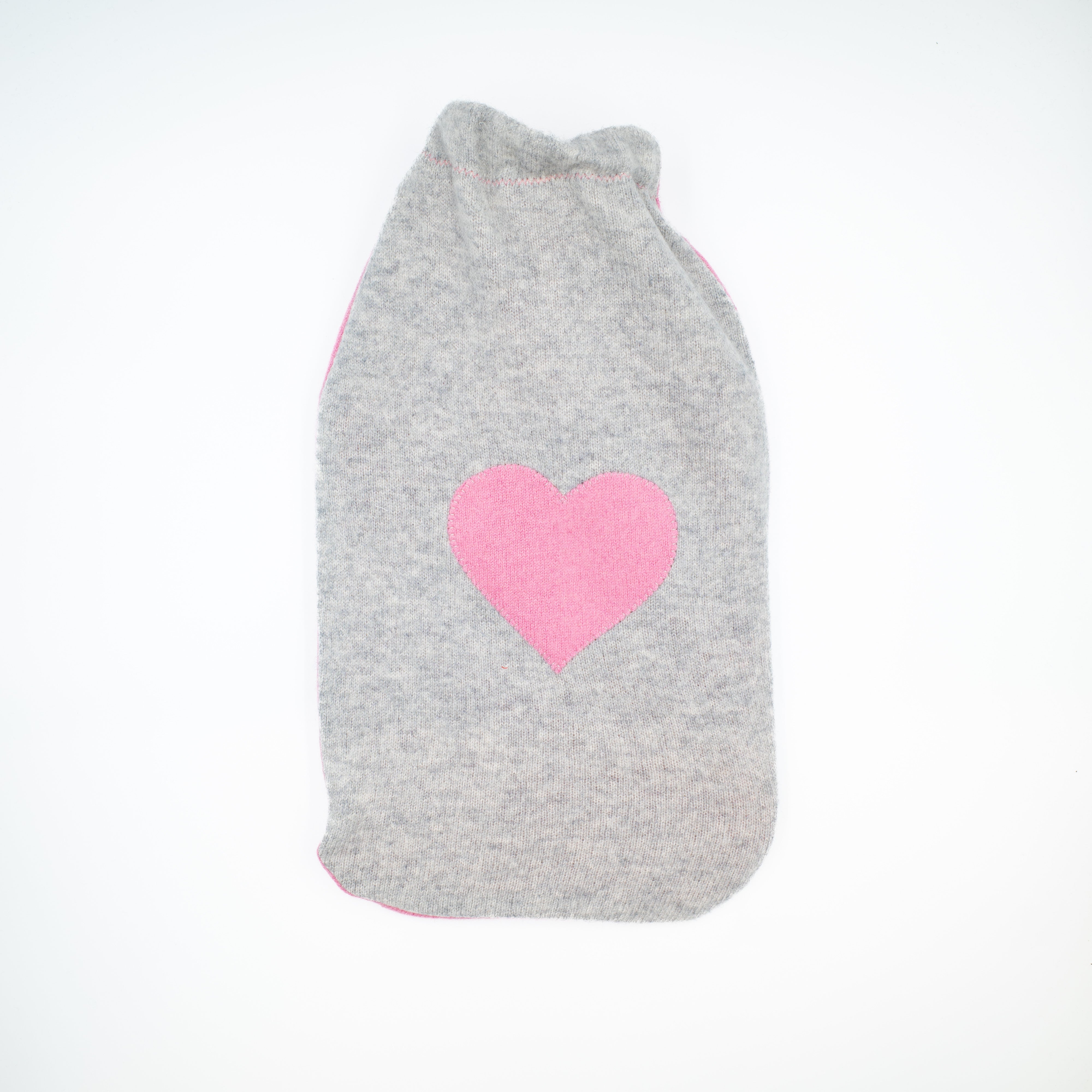 Pale Grey and Flamingo Pink Heart Cashmere Large Hot Water Bottle