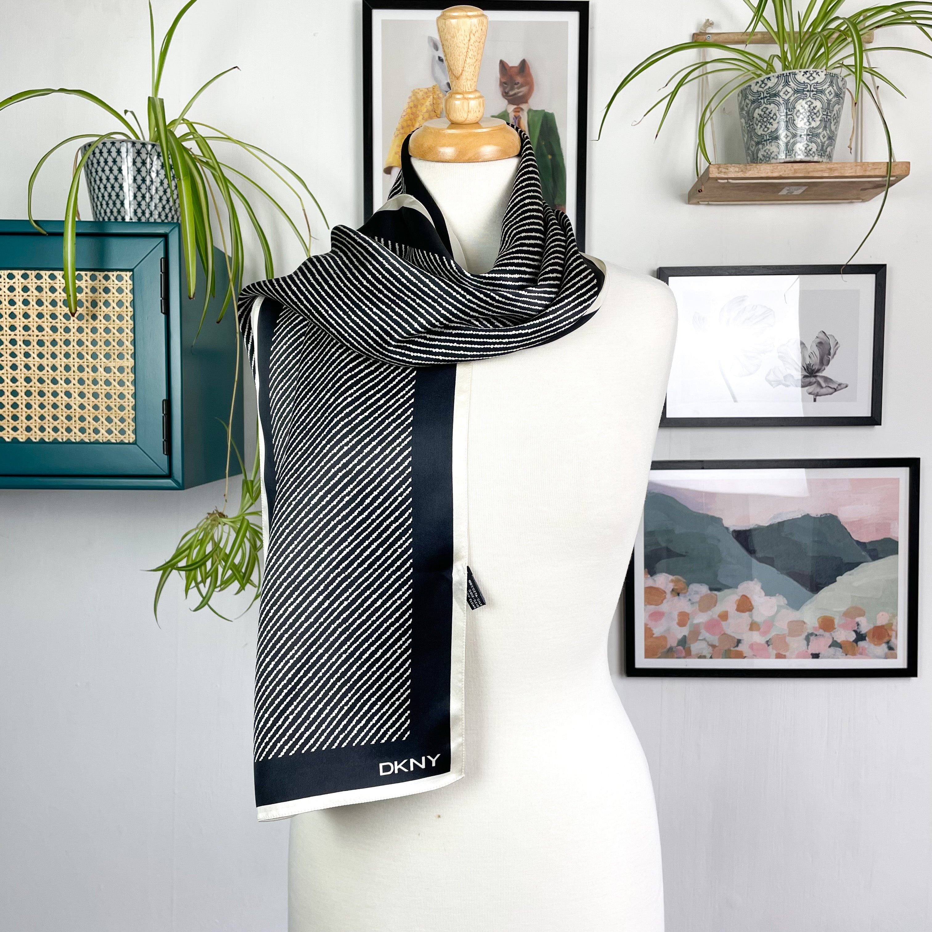 Black and Cream DKNY Long Silk Scarf