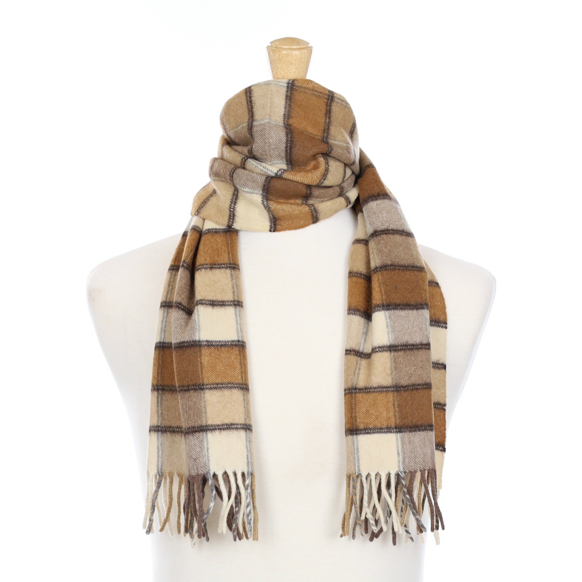 Pringle Scottish Brown and Cream Checked Cashmere Fringed Woven Scarf