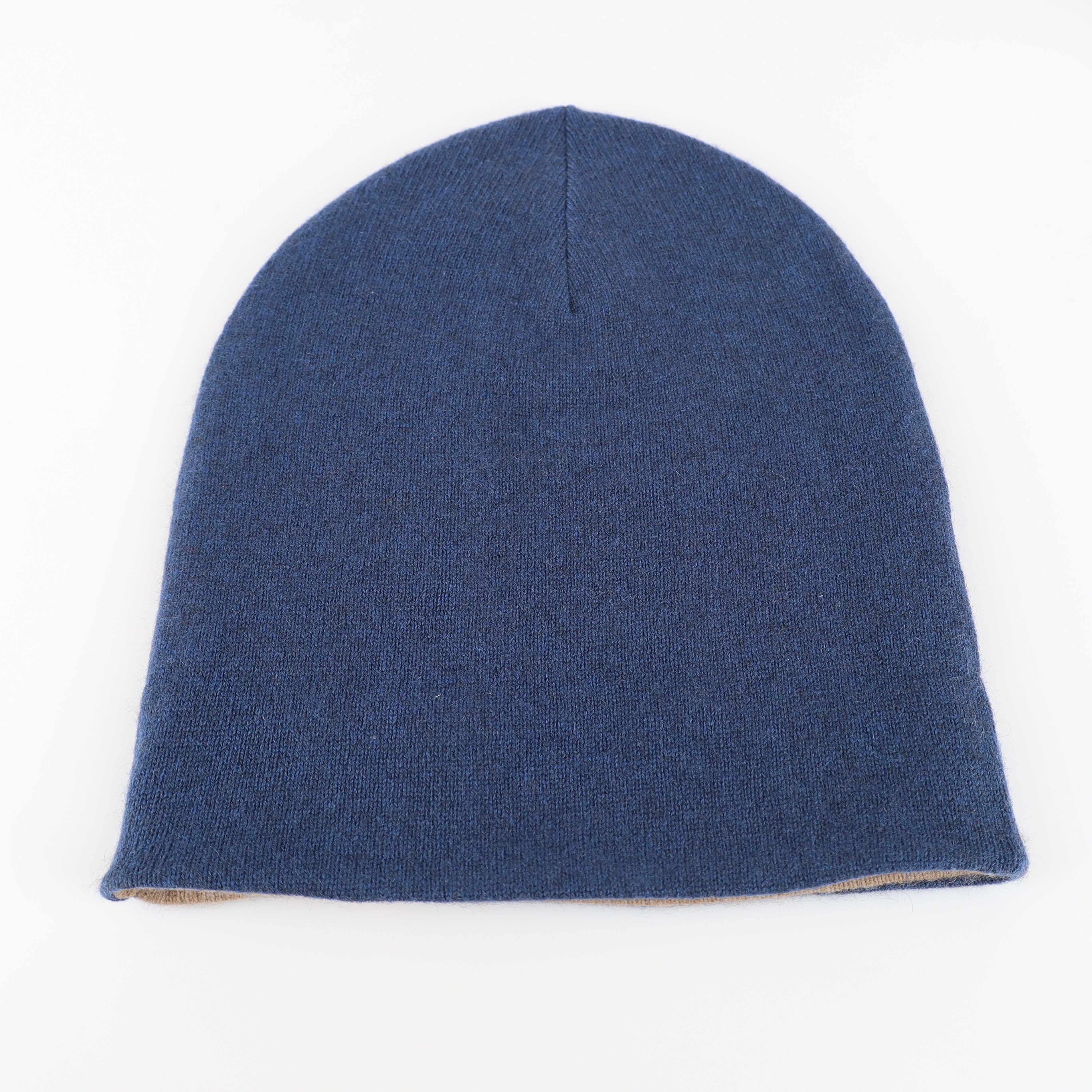 Taupe and Naval Blue Reversible Cashmere Beanie Hat