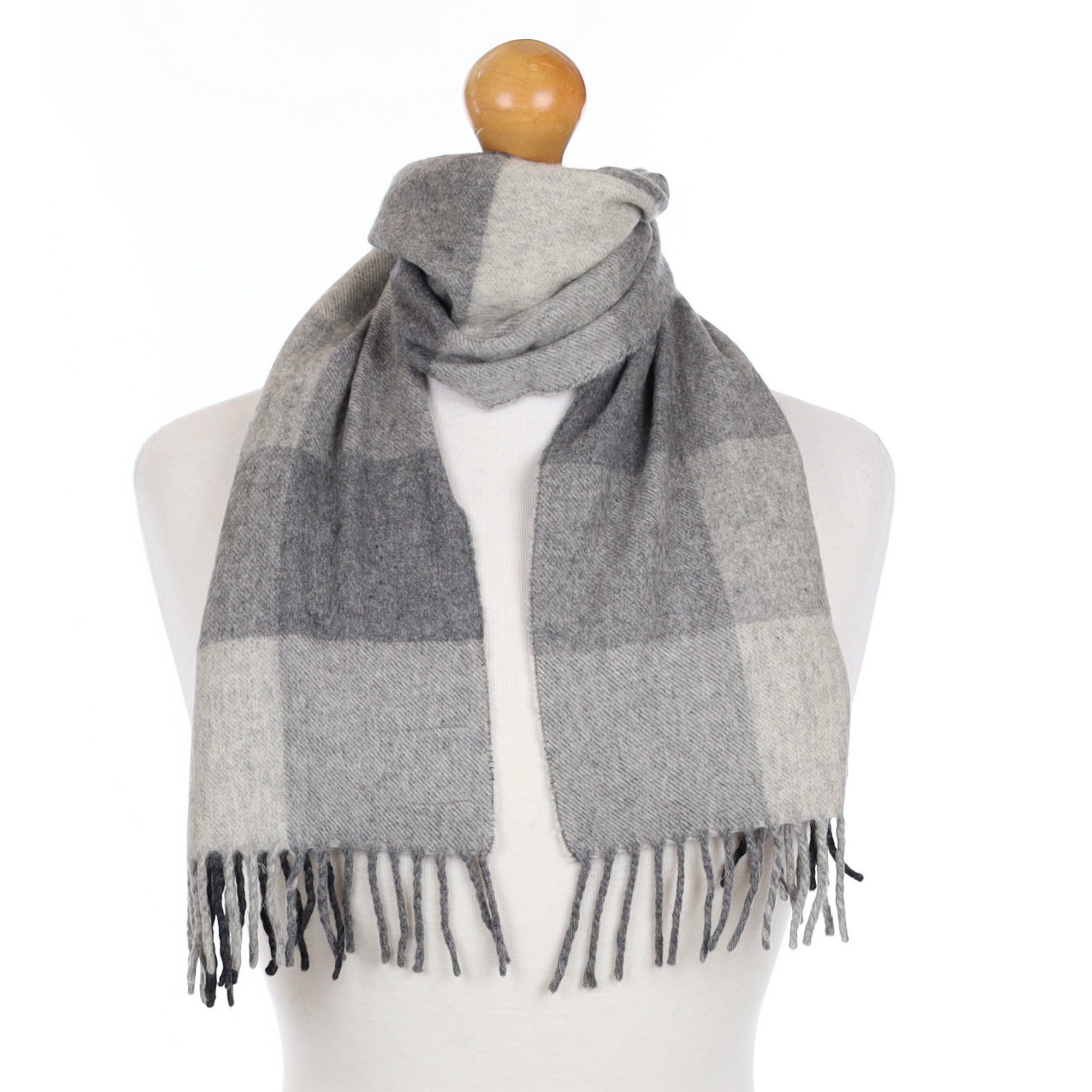 Grey Checked Cashmere Fringed Woven Scarf