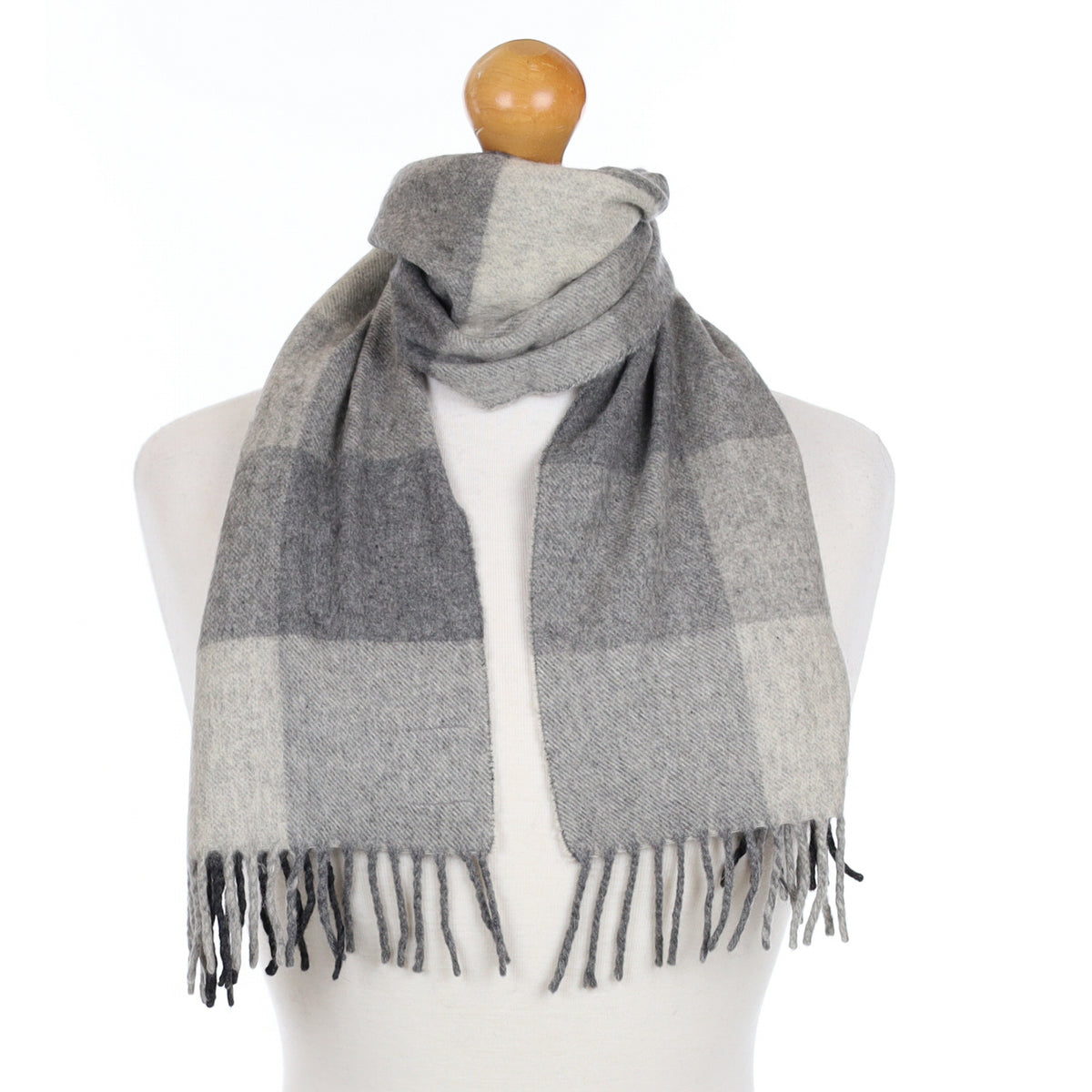 Grey Checked Cashmere Fringed Woven Scarf