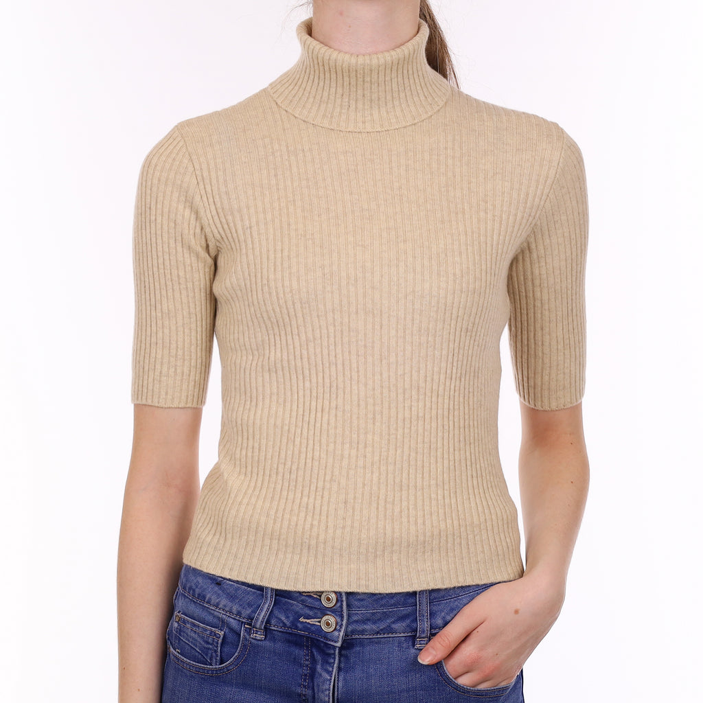 Oatmeal Rib Cashmere Short Sleeved Polo Neck Jumper Extra Small