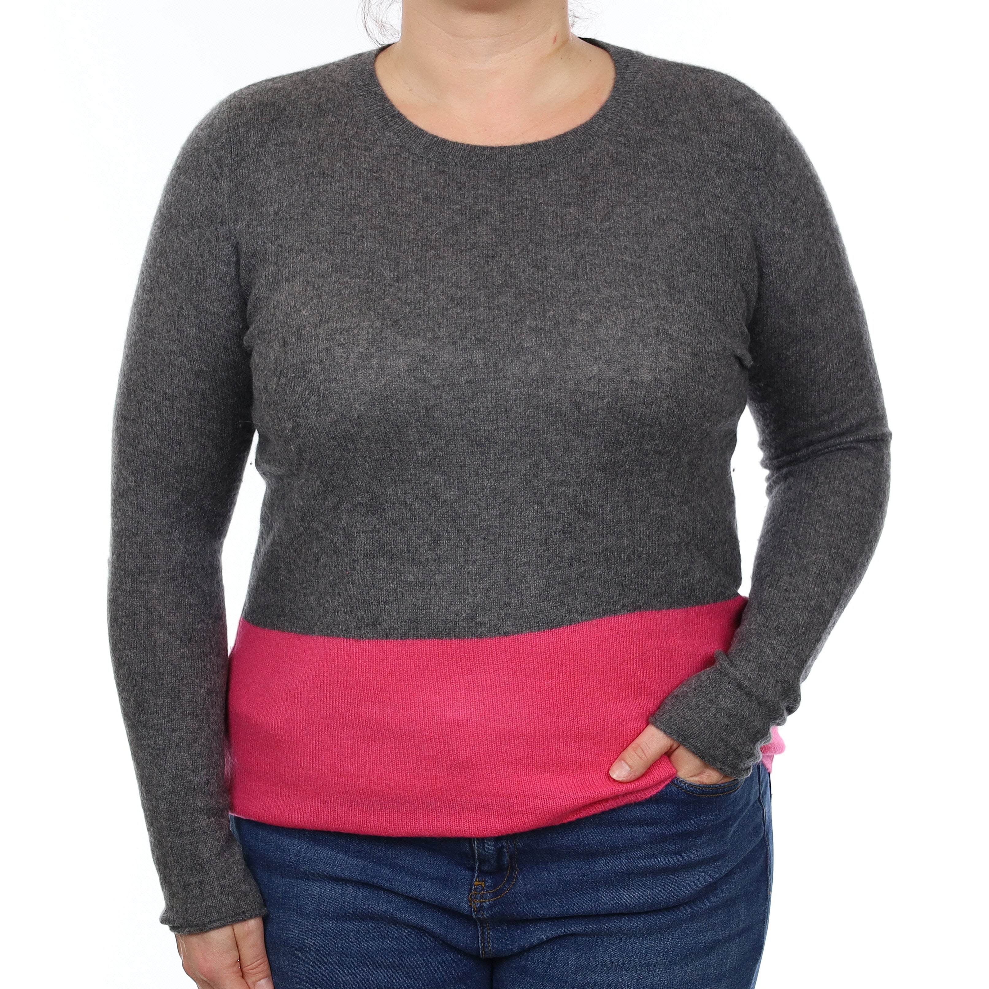 Grey and Hot Pink Cashmere Crew Neck Jumper Large