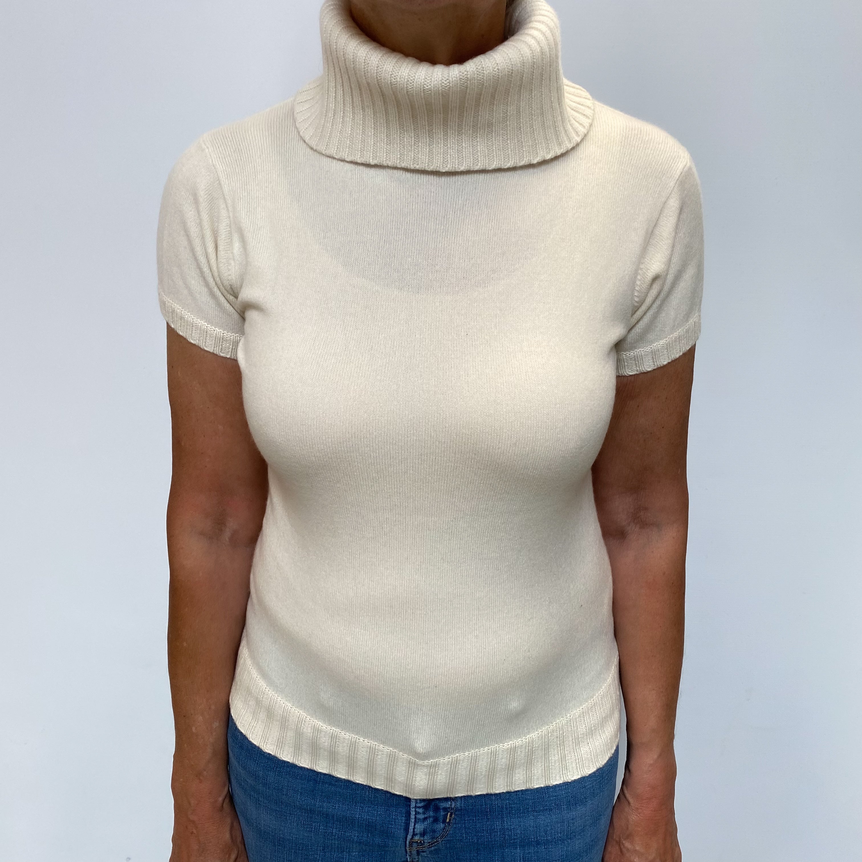 Ivory Cream Cashmere Polo Neck Short Sleeved Jumper Medium