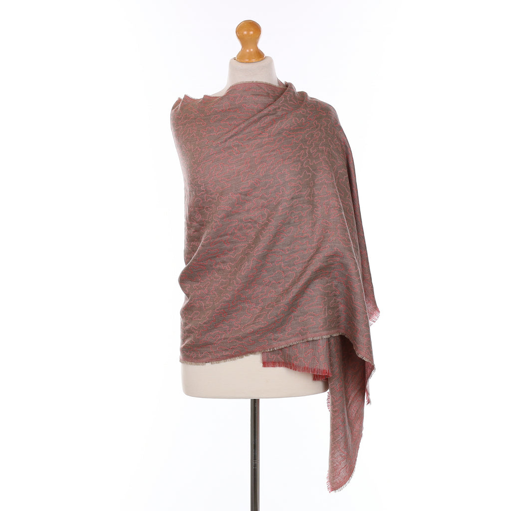 Brand New Begg & Co Vermillion and Grey Patterned Cashmere Blend Woven Wrap