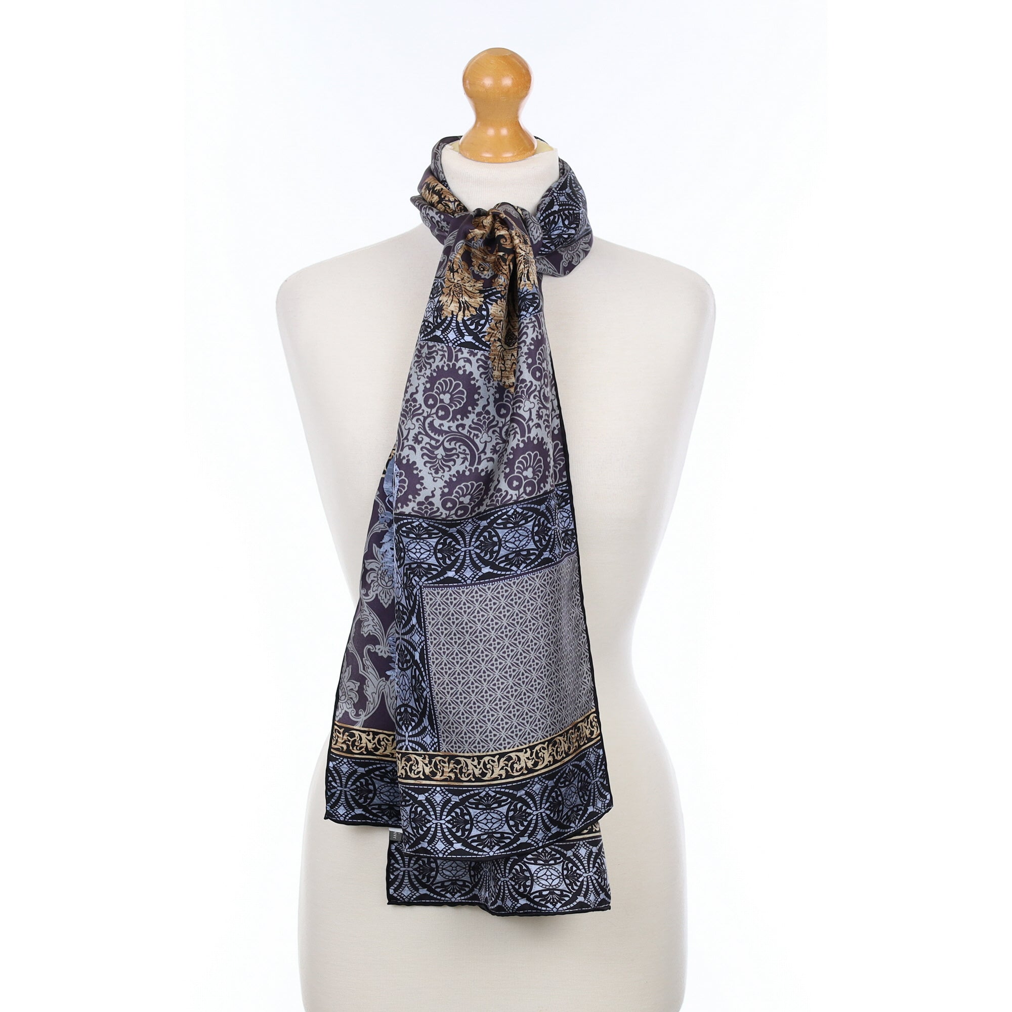 Unworn Jammers & Leufgen Blue, Black and Beige Long Silk Scarf