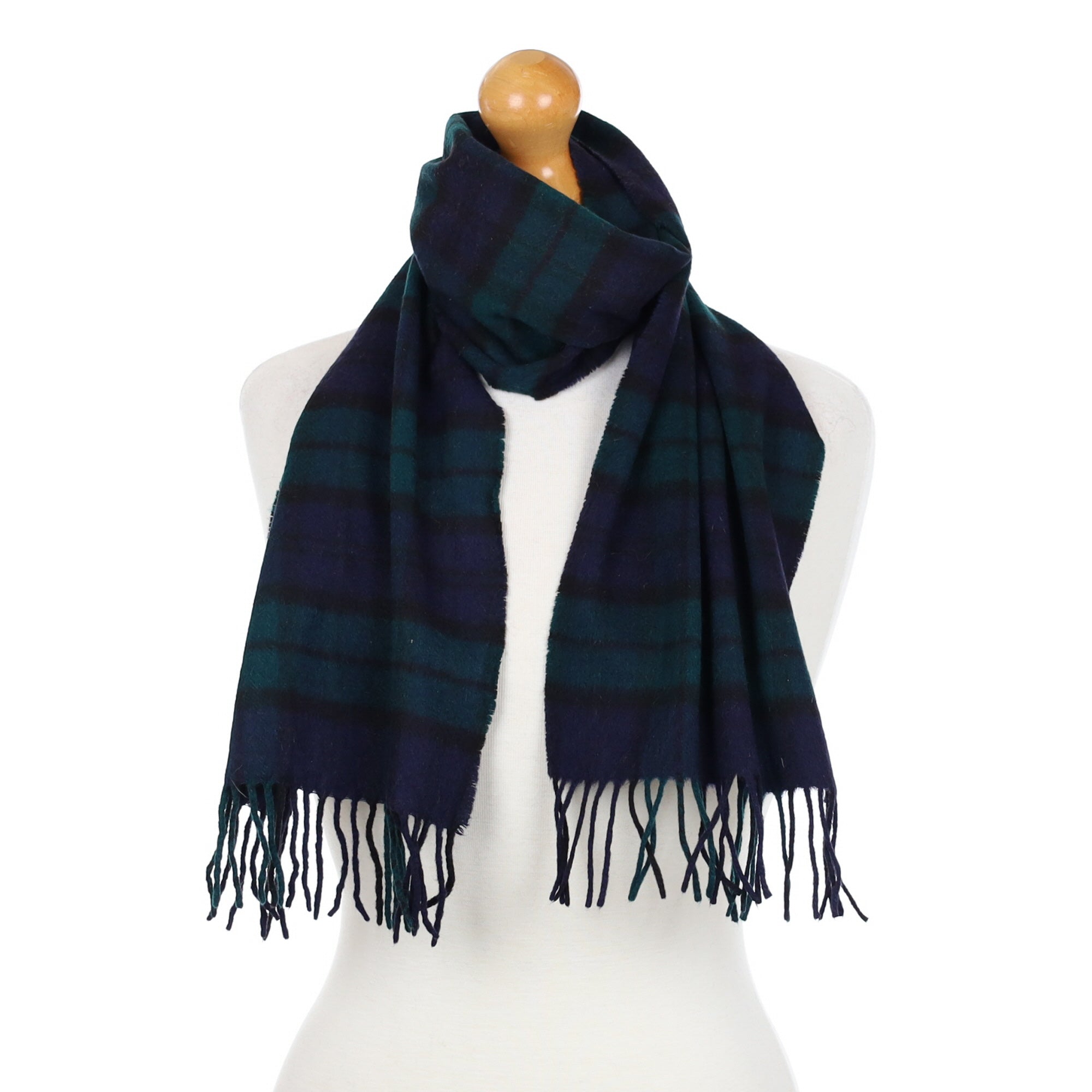 Navy and Green Check Cashmere Fringed Woven Scarf