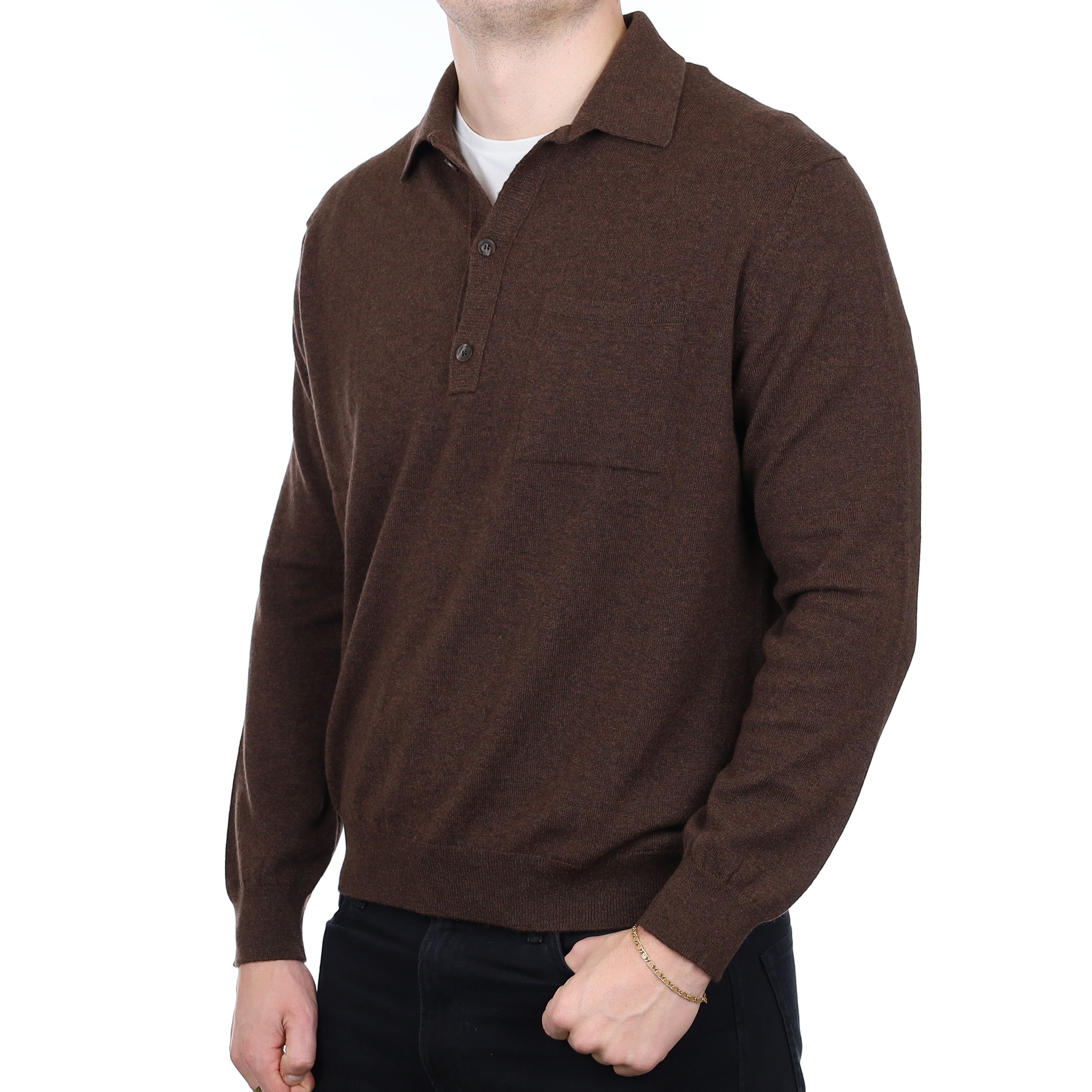 Men’s Brand New Scottish Chocolate Brown Cashmere Collared 1/4 Button Jumper XXL