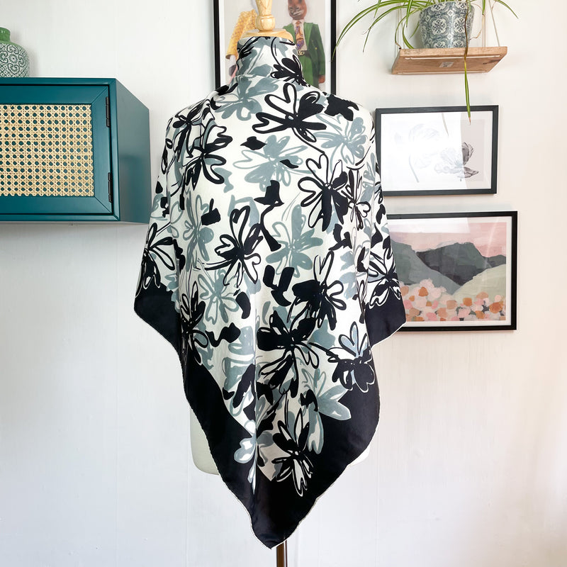 Monochrome Floral Design Vintage Silk Scarf