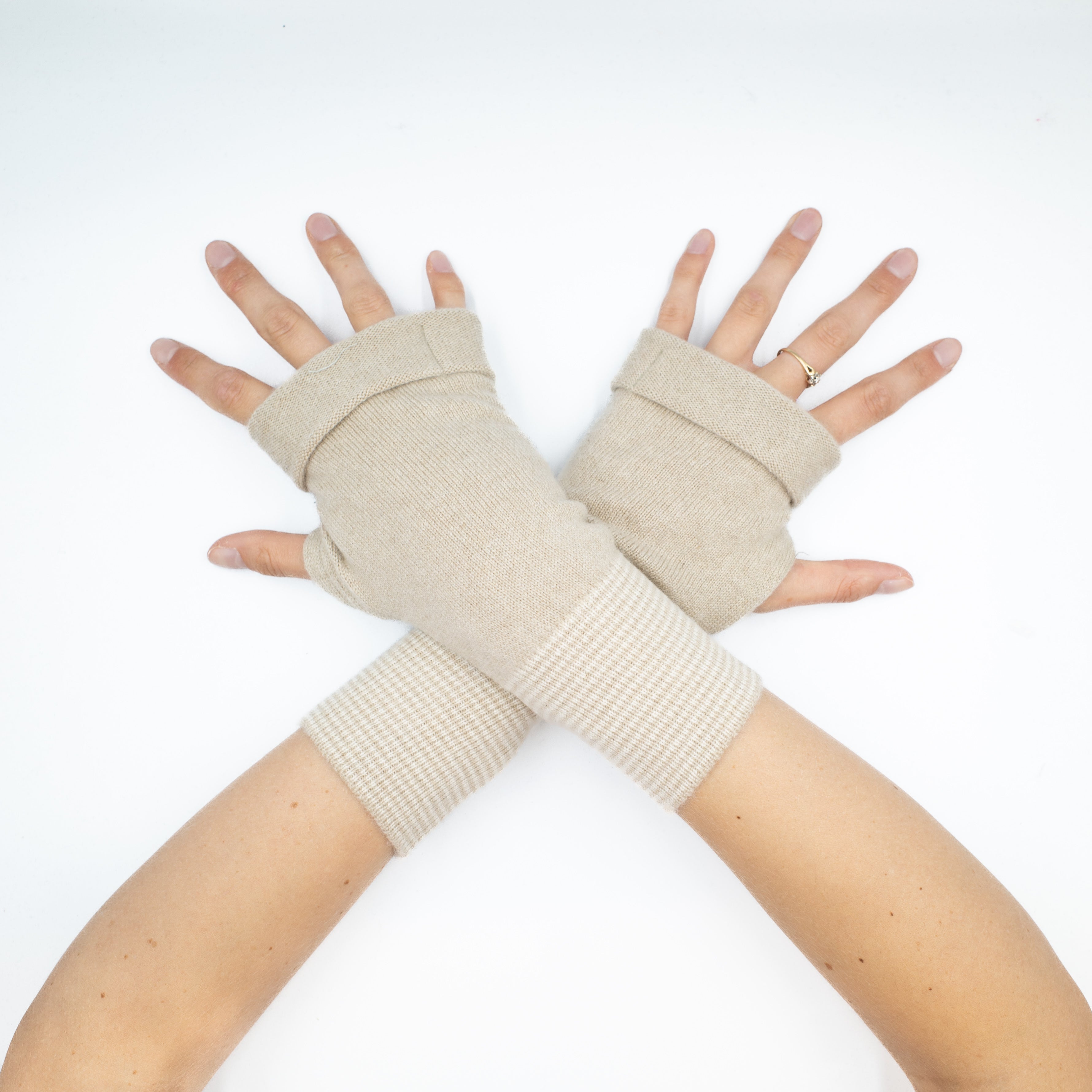 Sand and Cream Striped Cuff Fingerless Gloves