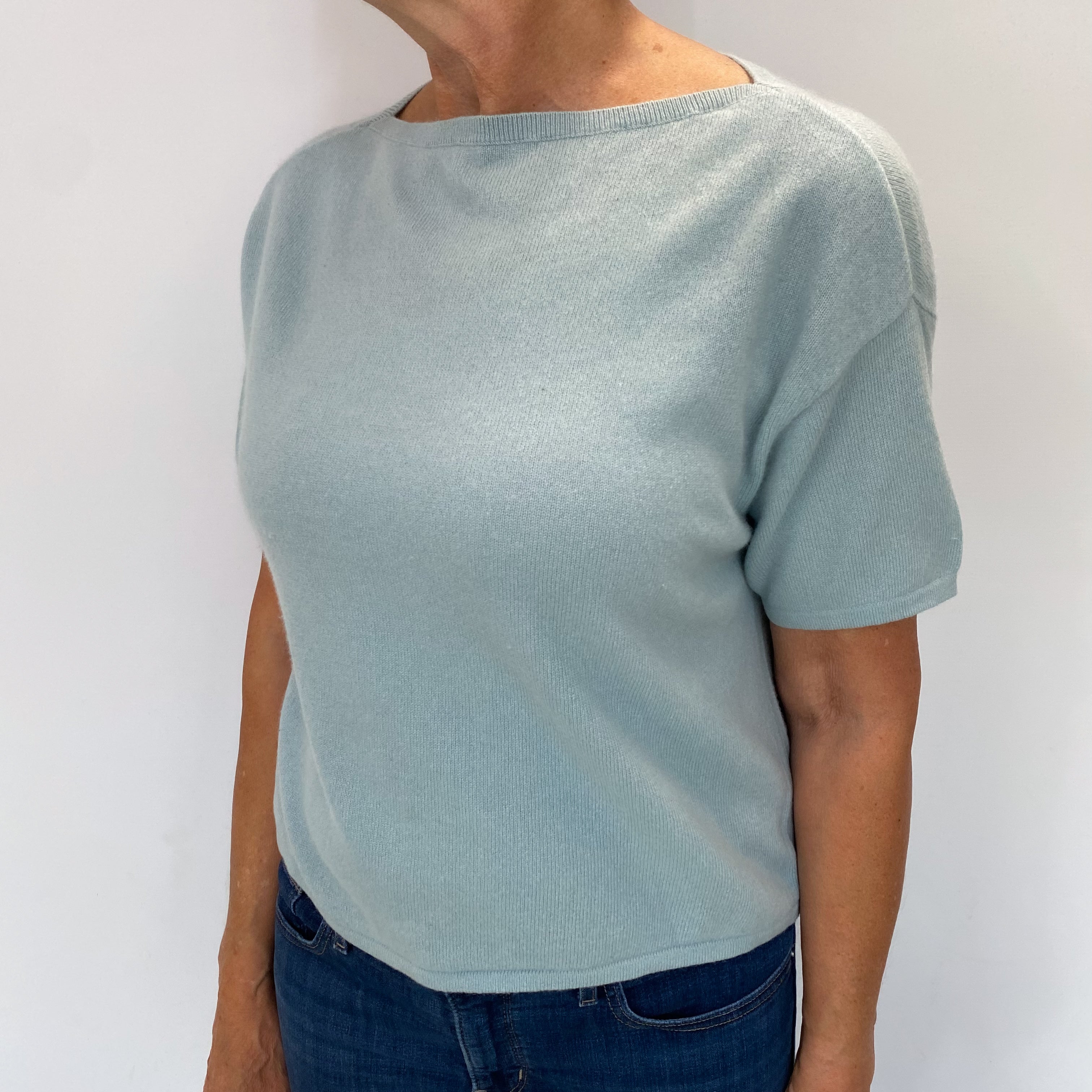 Opal Blue Cashmere Short Sleeved Crew Neck Jumper Medium