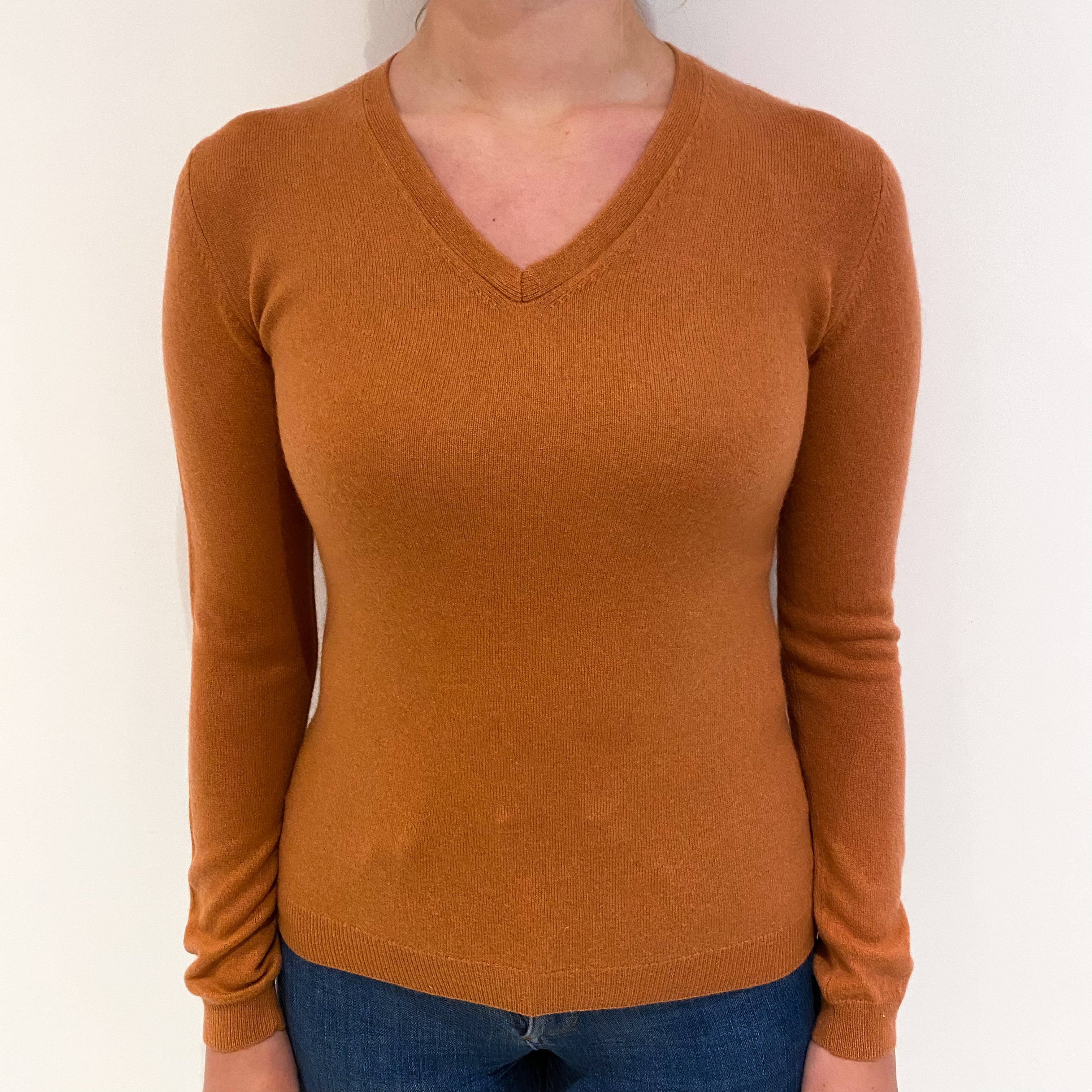 Terracotta Brown Cashmere V Neck Jumper Small