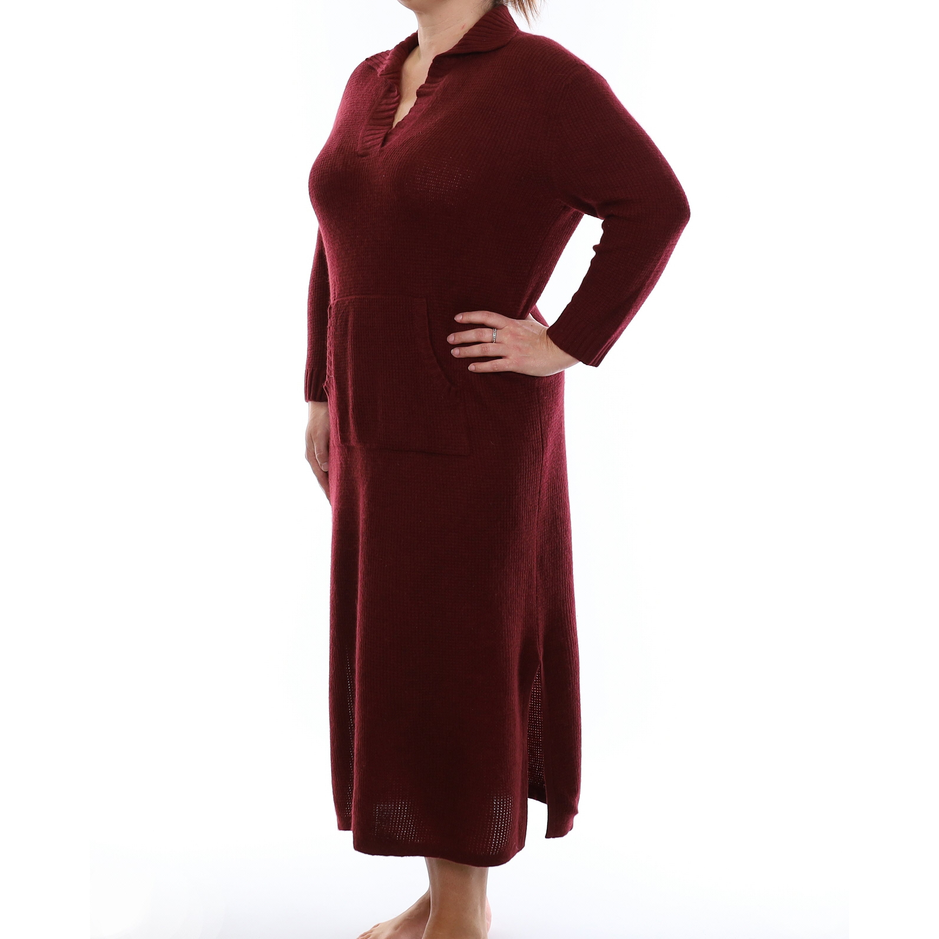 Wine Red Waffle Cashmere Long V Neck Dress with Collar Large
