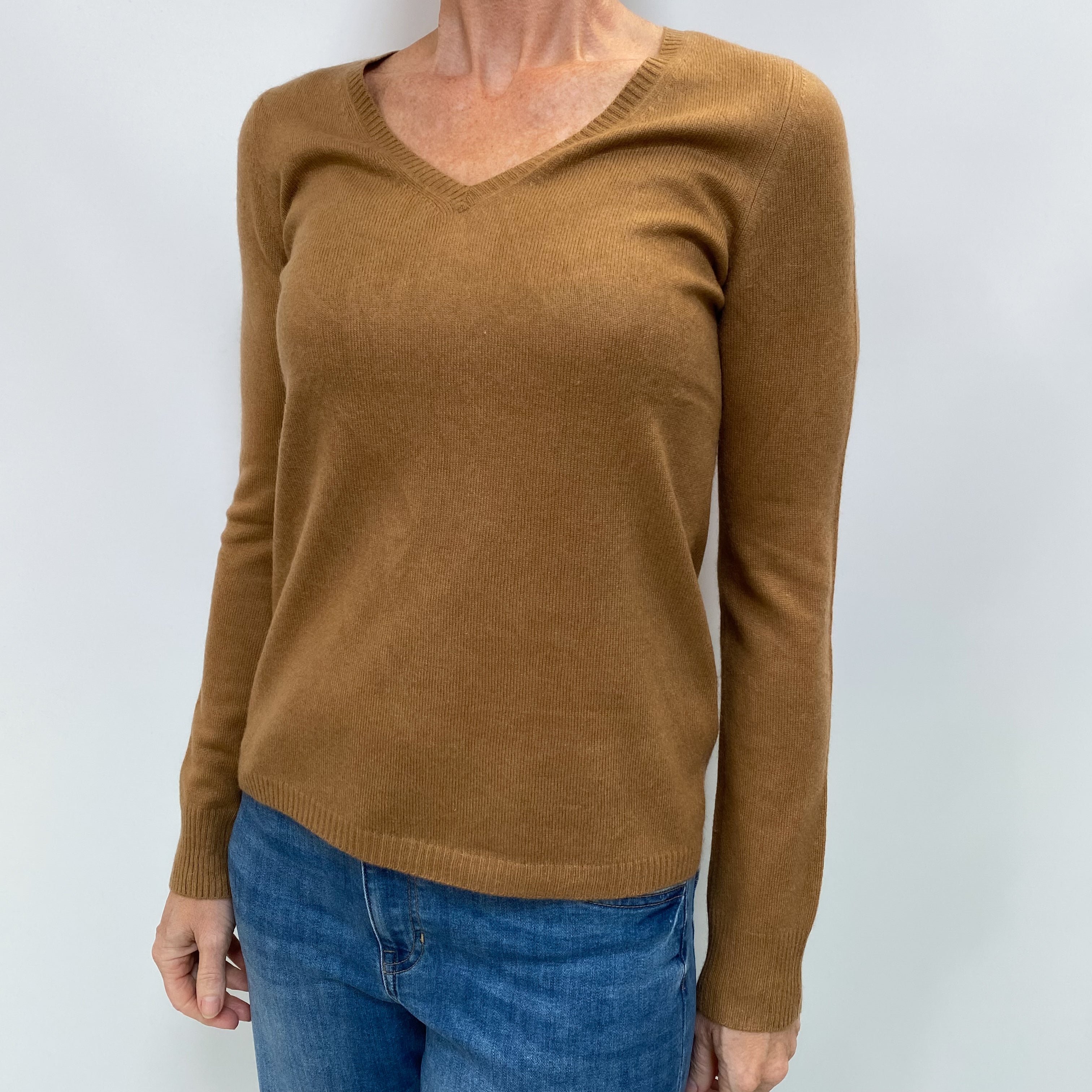Butterscotch Brown Cashmere V Neck Jumper Small