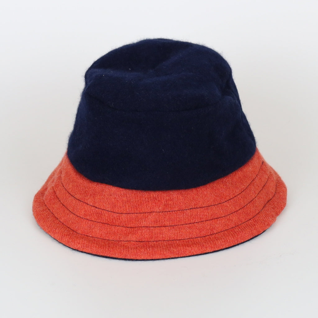 Navy Blue Striped Reversible Cashmere Bucket Hat Medium
