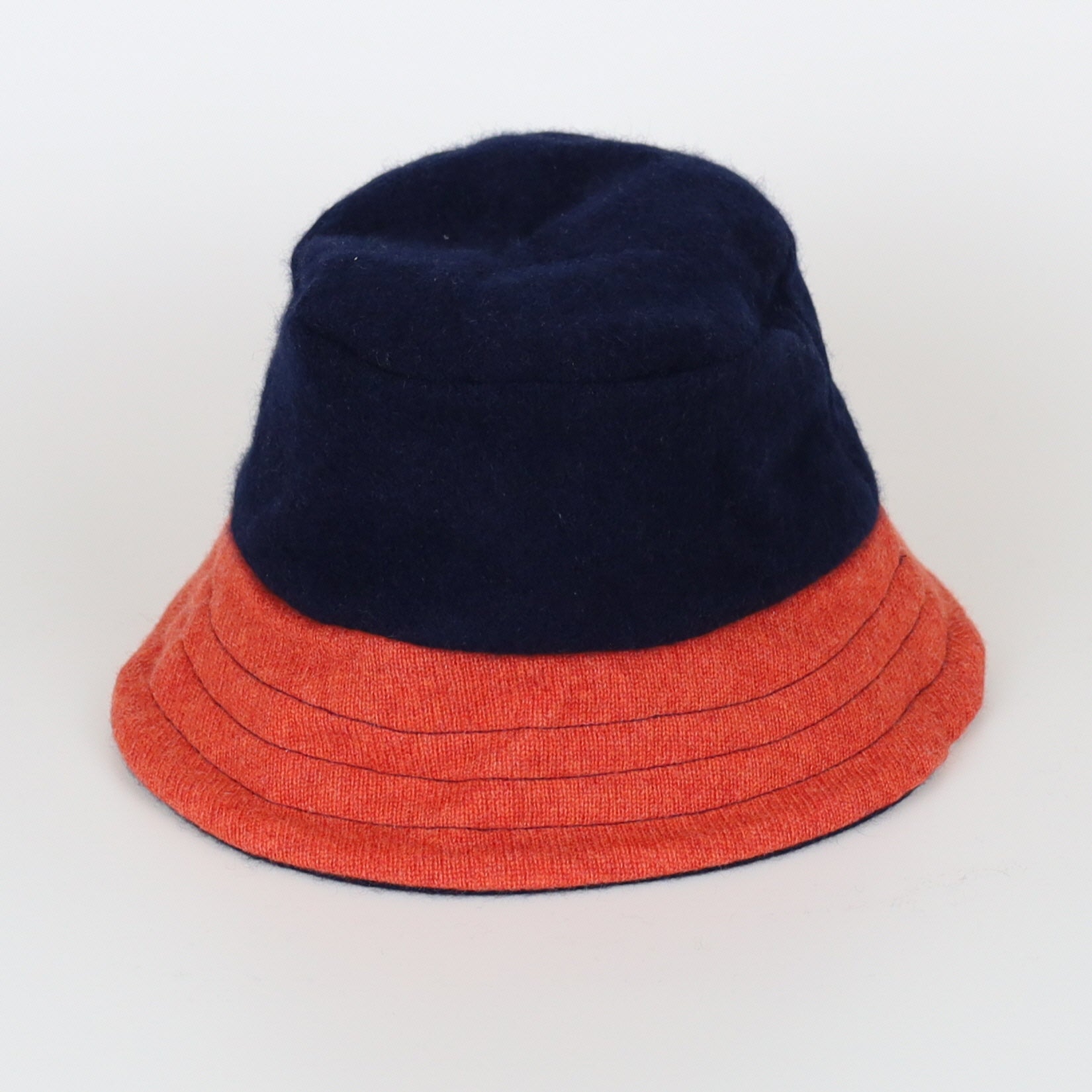 Navy Blue Striped Reversible Cashmere Bucket Hat Medium
