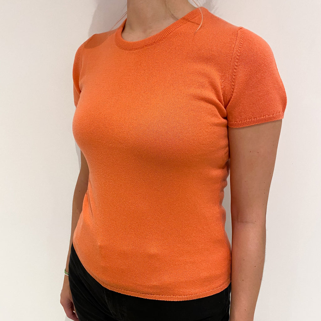 Brand New Scottish Sunset Orange Short Sleeved Cashmere Crew Neck Jumper Small