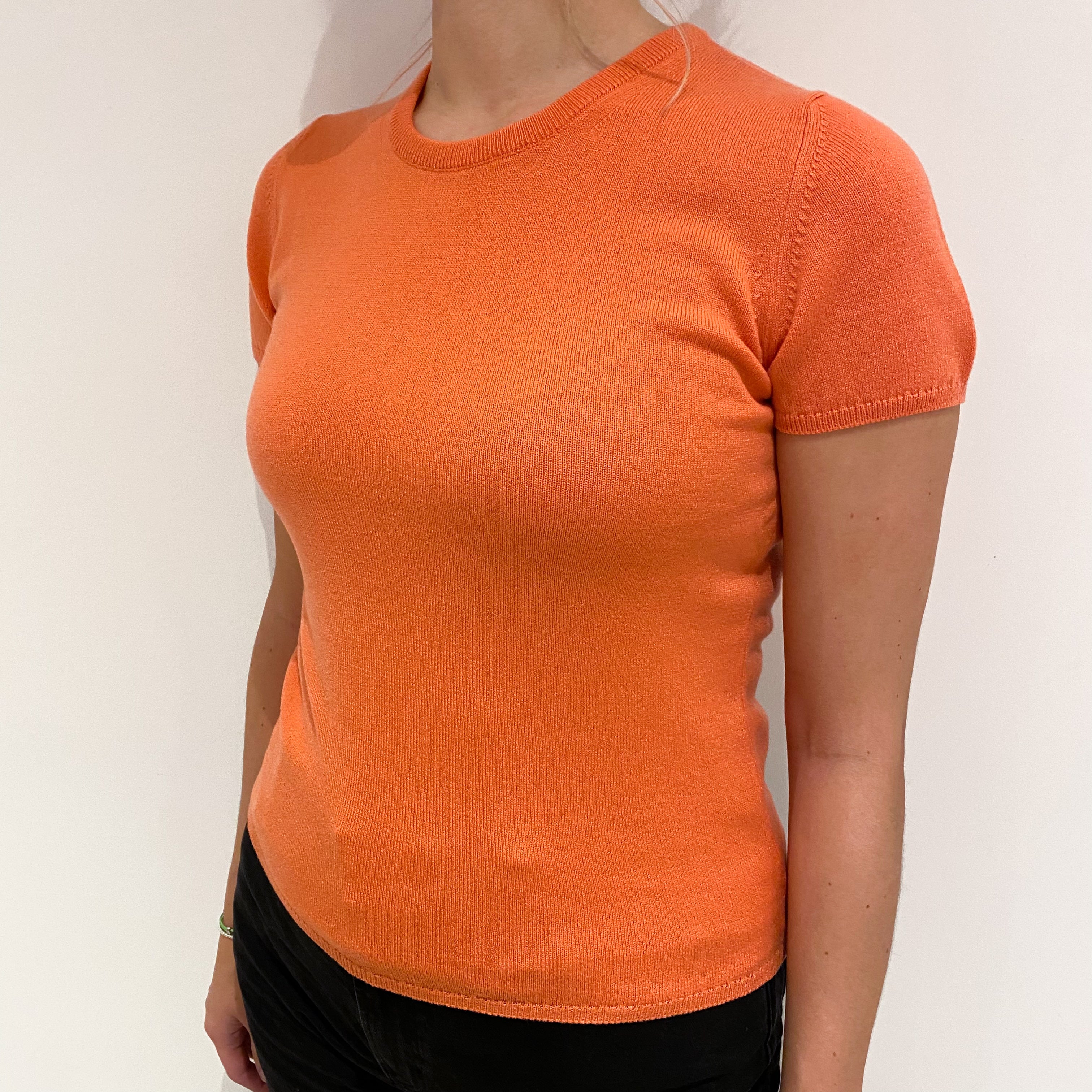 Brand New Scottish Sunset Orange Short Sleeved Cashmere Crew Neck Jumper Small