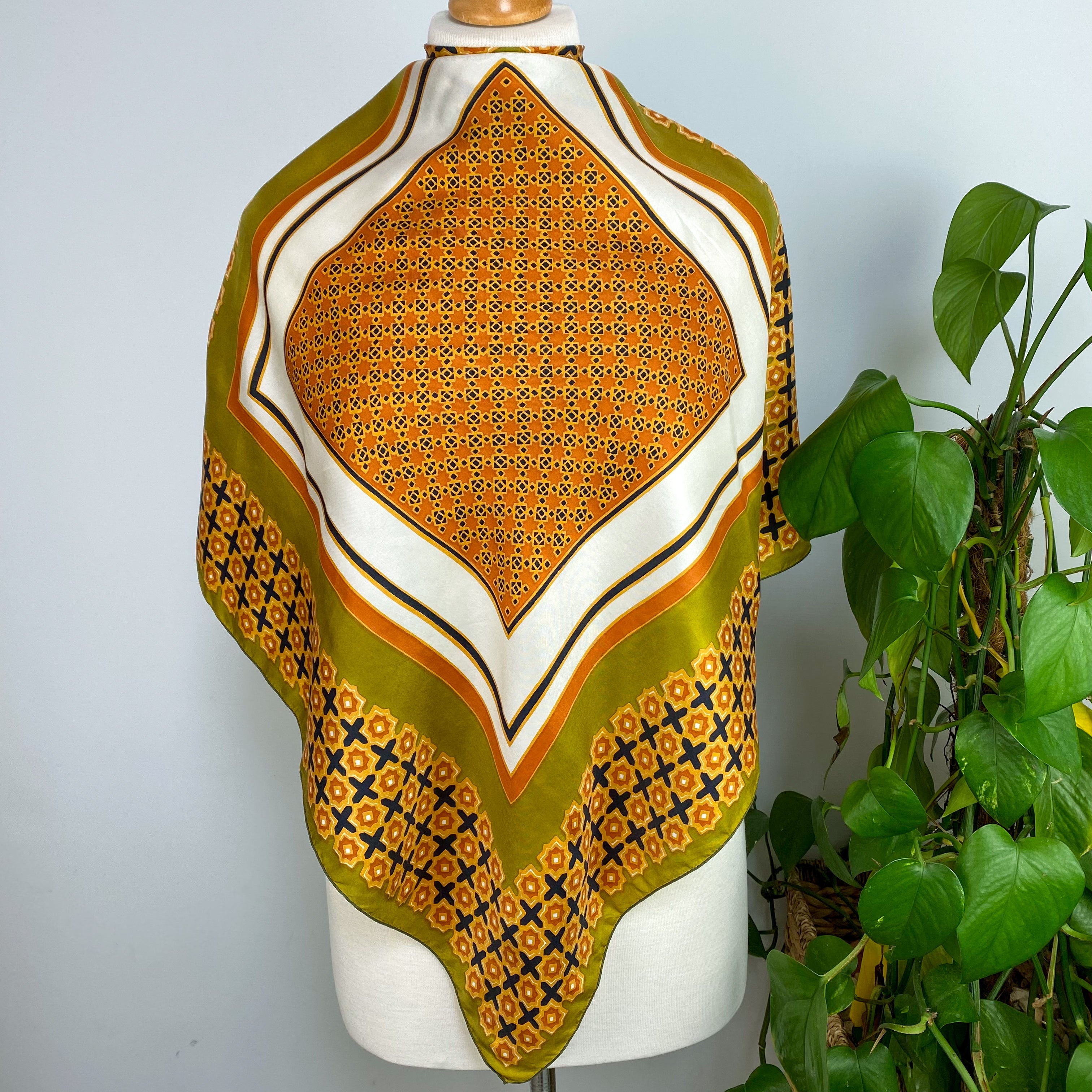 Ochre Geometric French Vintage Silk Scarf