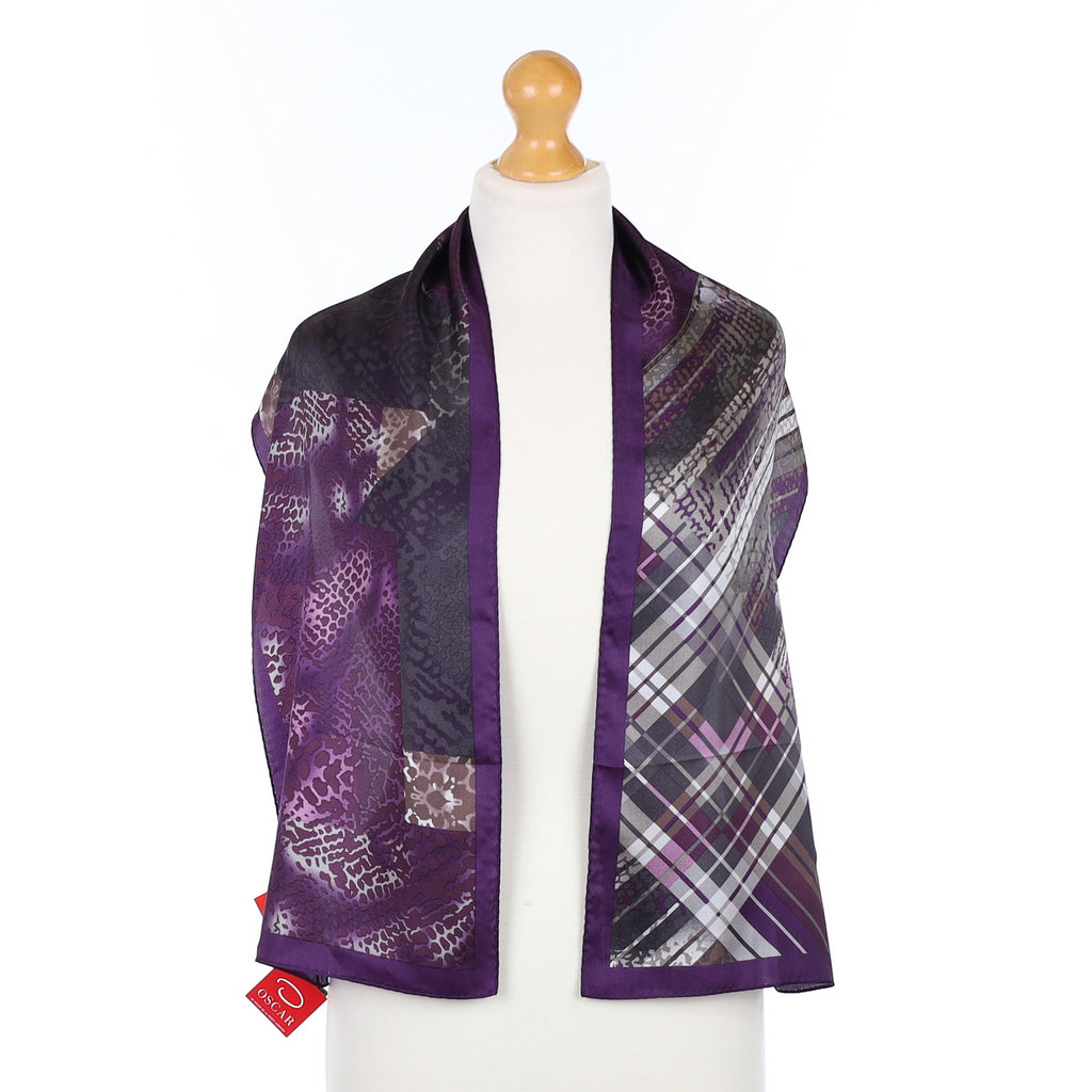 Brand New Oscar Purple Check Silk Scarf