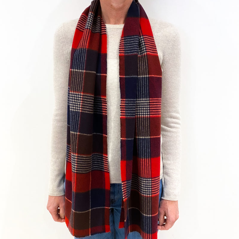 Black, Grey and Red Checked Cashmere Fringed Woven Scarf