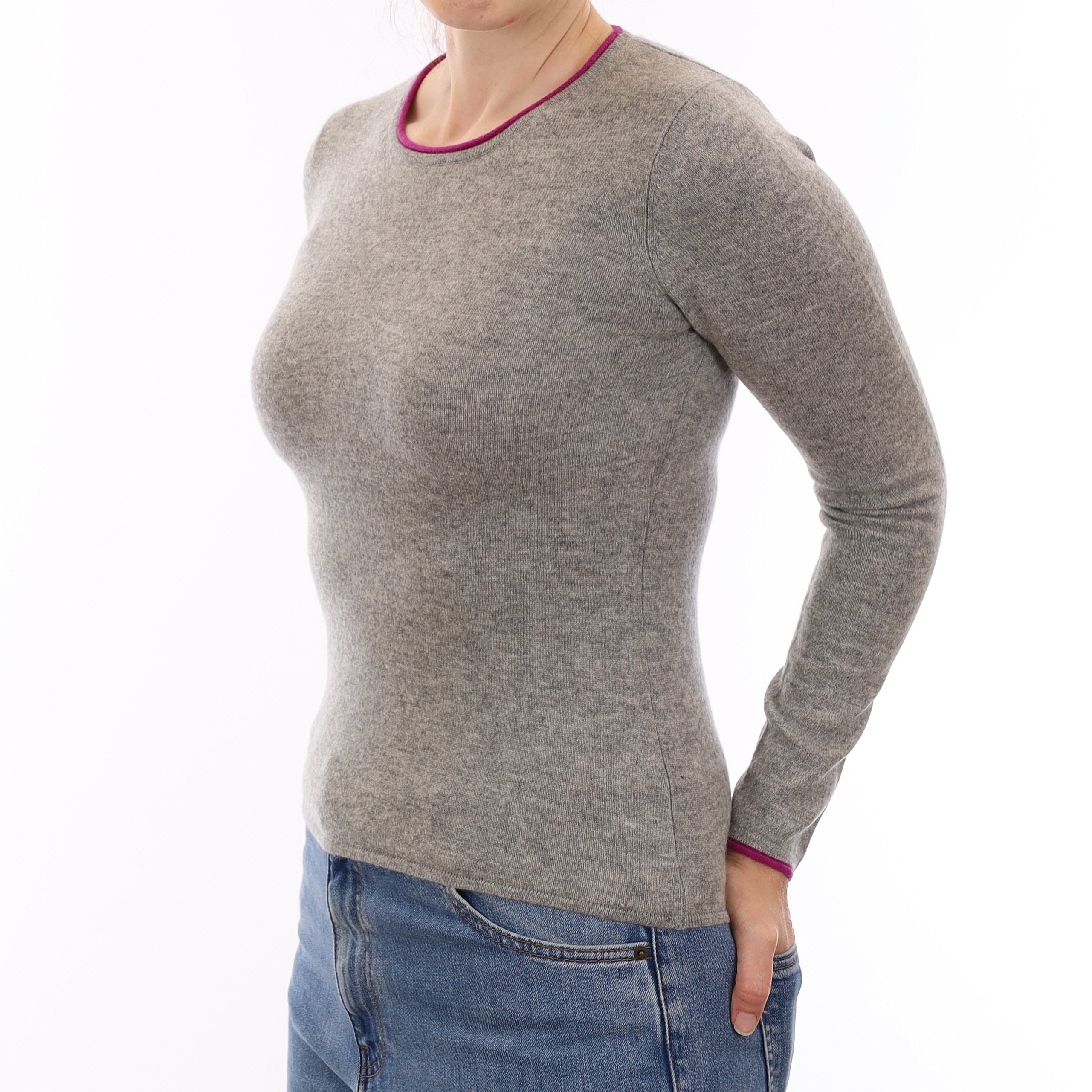 Ash Grey Magenta Trim Cashmere Crew Neck Jumper Small