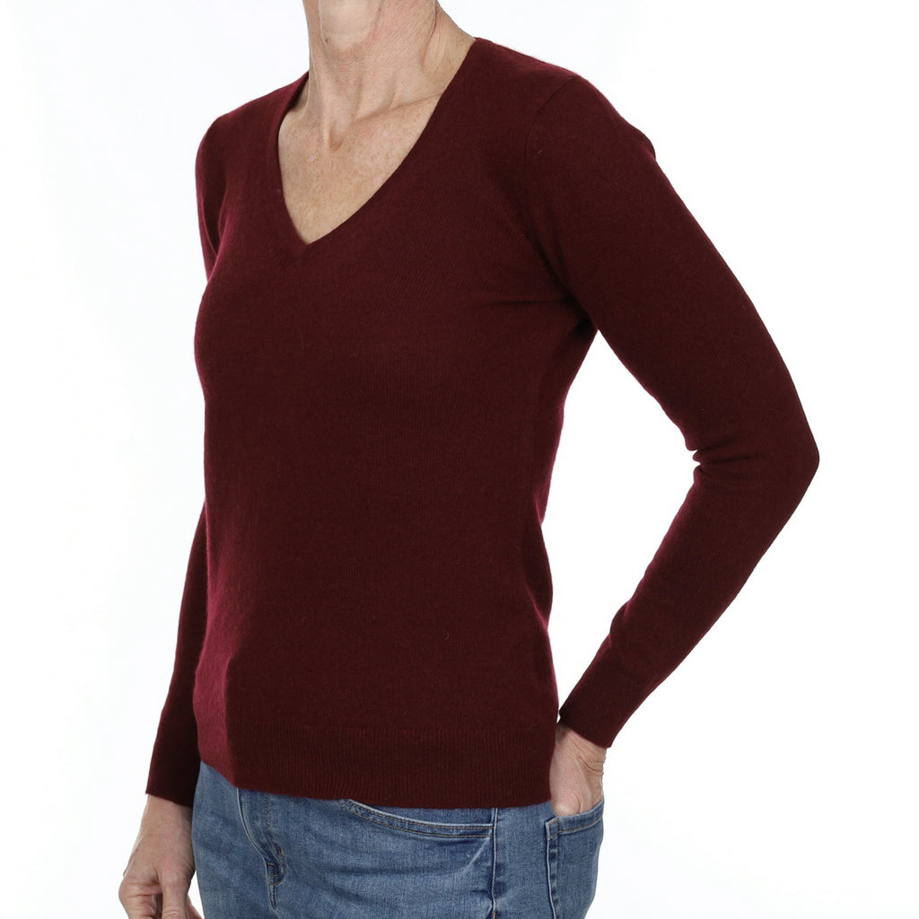 Wine Red Cashmere V Neck Jumper Small