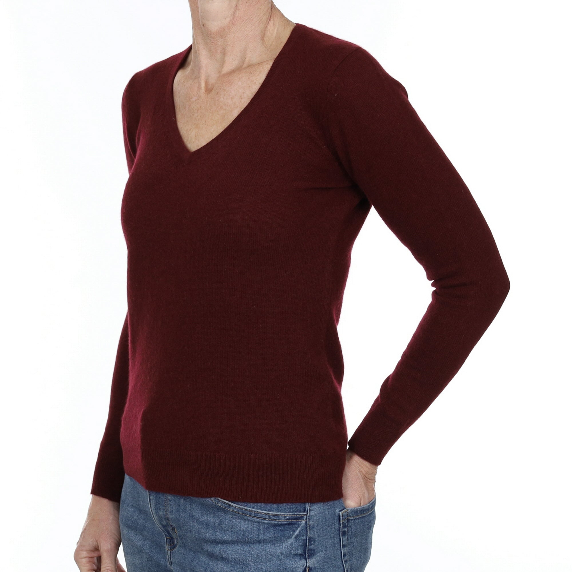Wine Red Cashmere V Neck Jumper Small