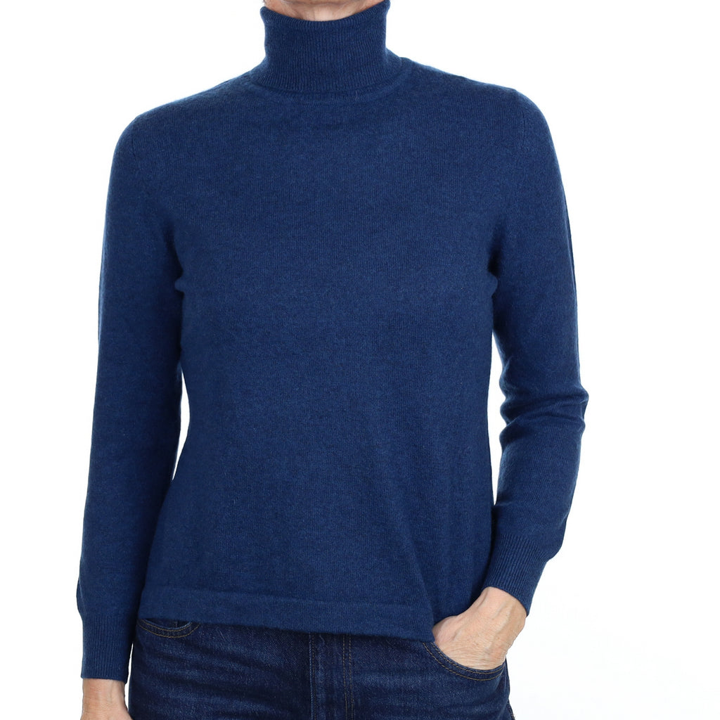 Deep Ocean Blue Cashmere Polo Neck Jumper Small