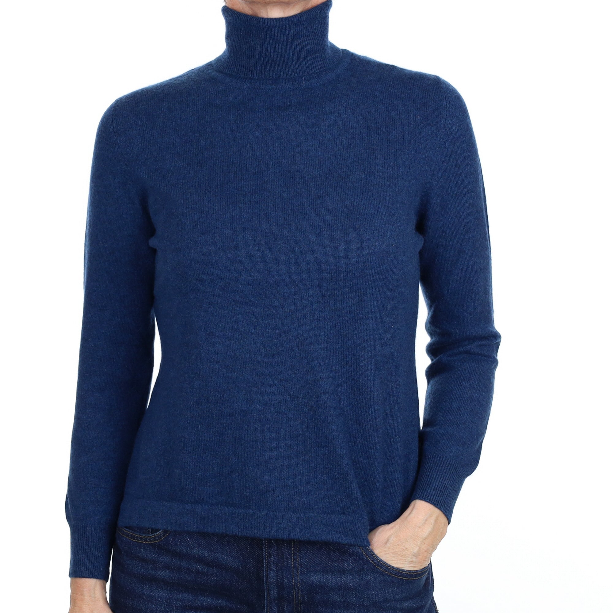 Deep Ocean Blue Cashmere Polo Neck Jumper Small