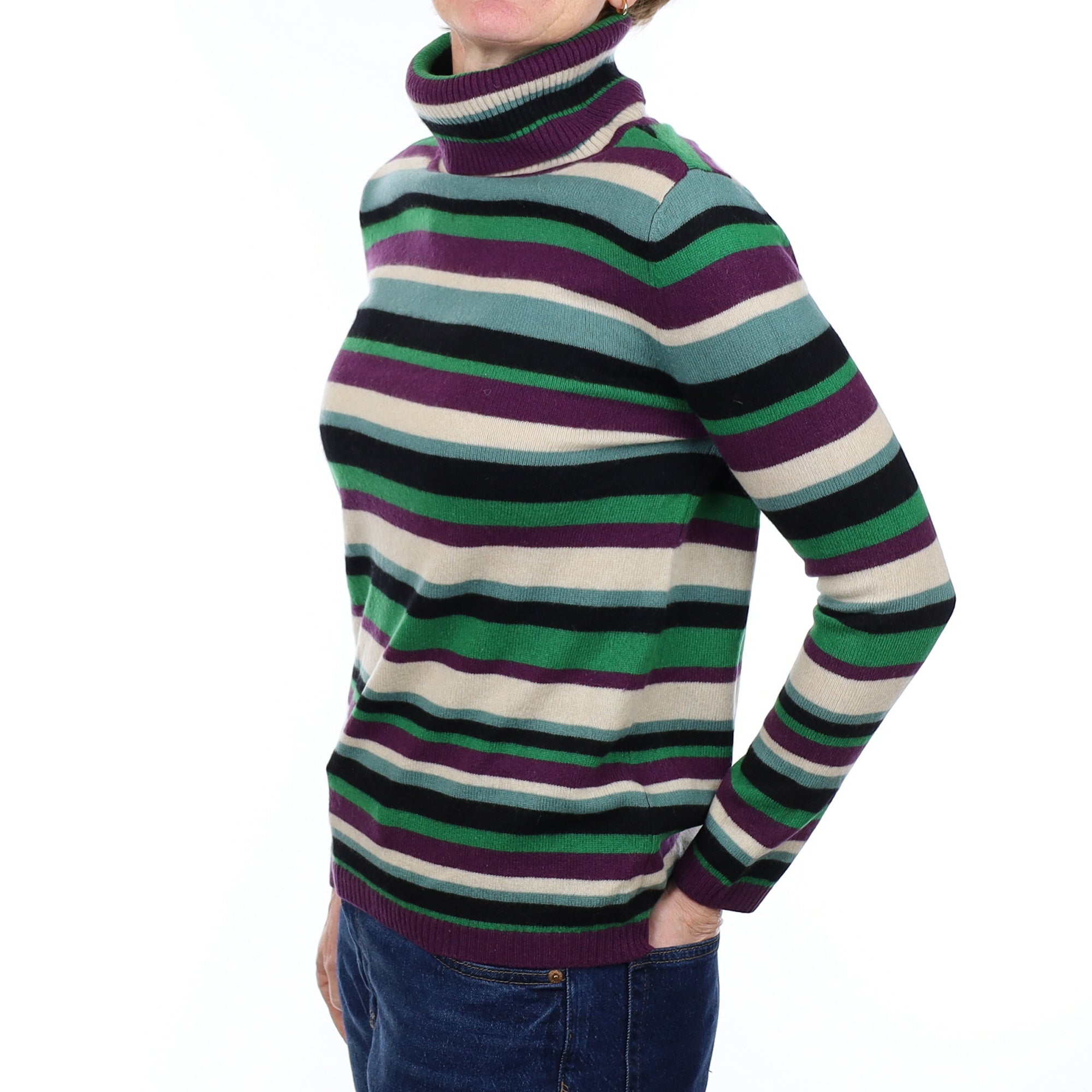 Purple and Green Striped Cashmere Polo Neck Jumper Small