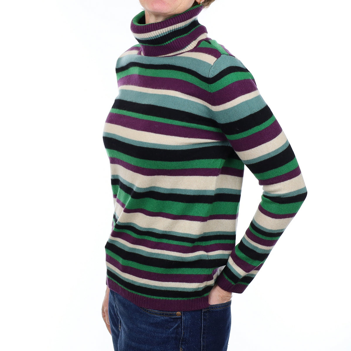 Purple and Green Striped Cashmere Polo Neck Jumper Small
