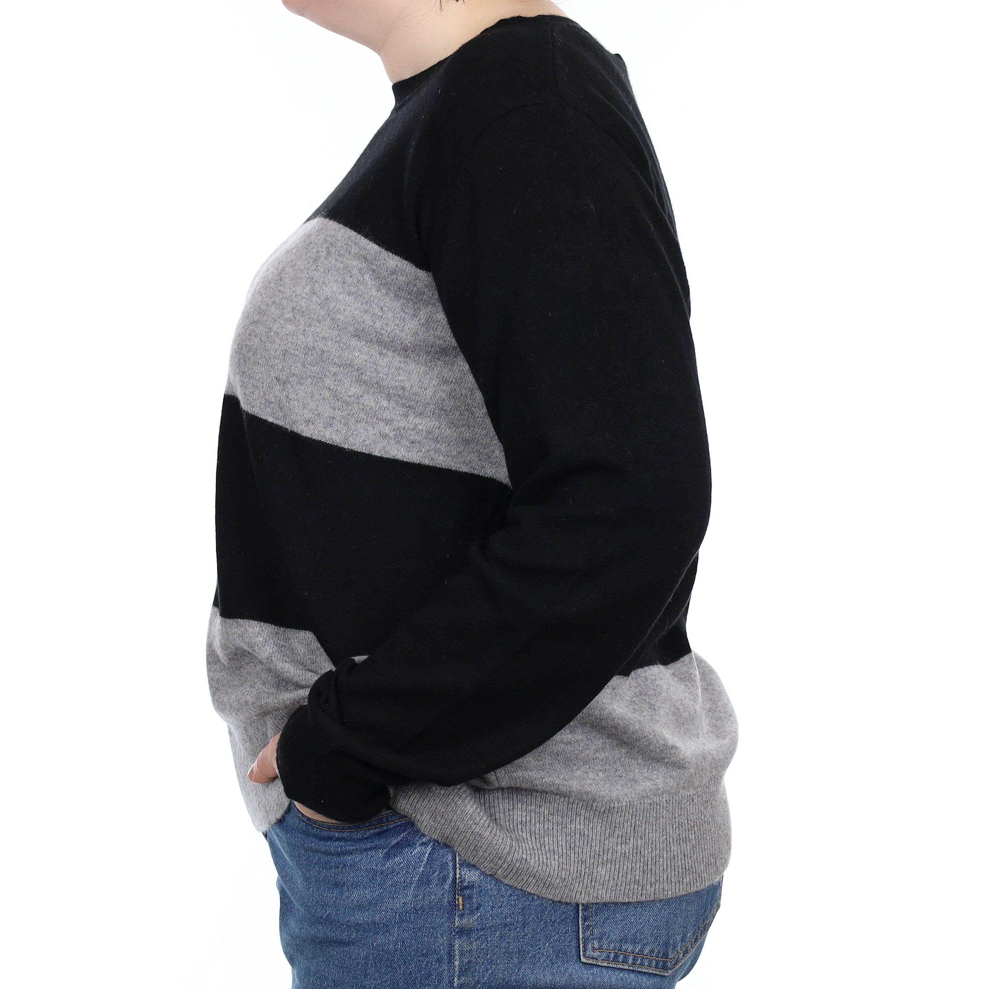 Black and Grey Striped Cashmere Crew Neck Jumper Large