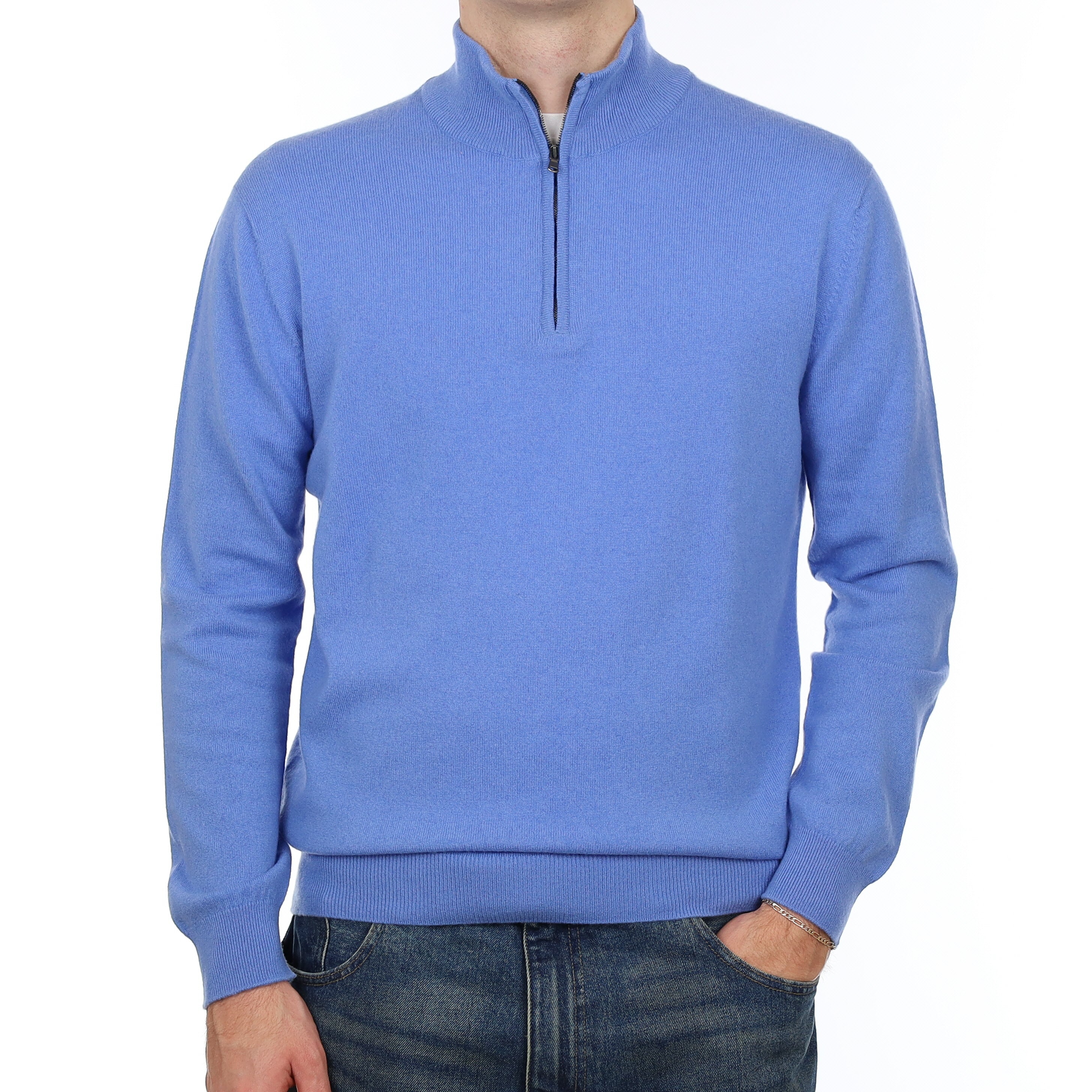 Men’s Brand New Scottish Cornflower Blue Cashmere 1/4 Zip Jumper Medium