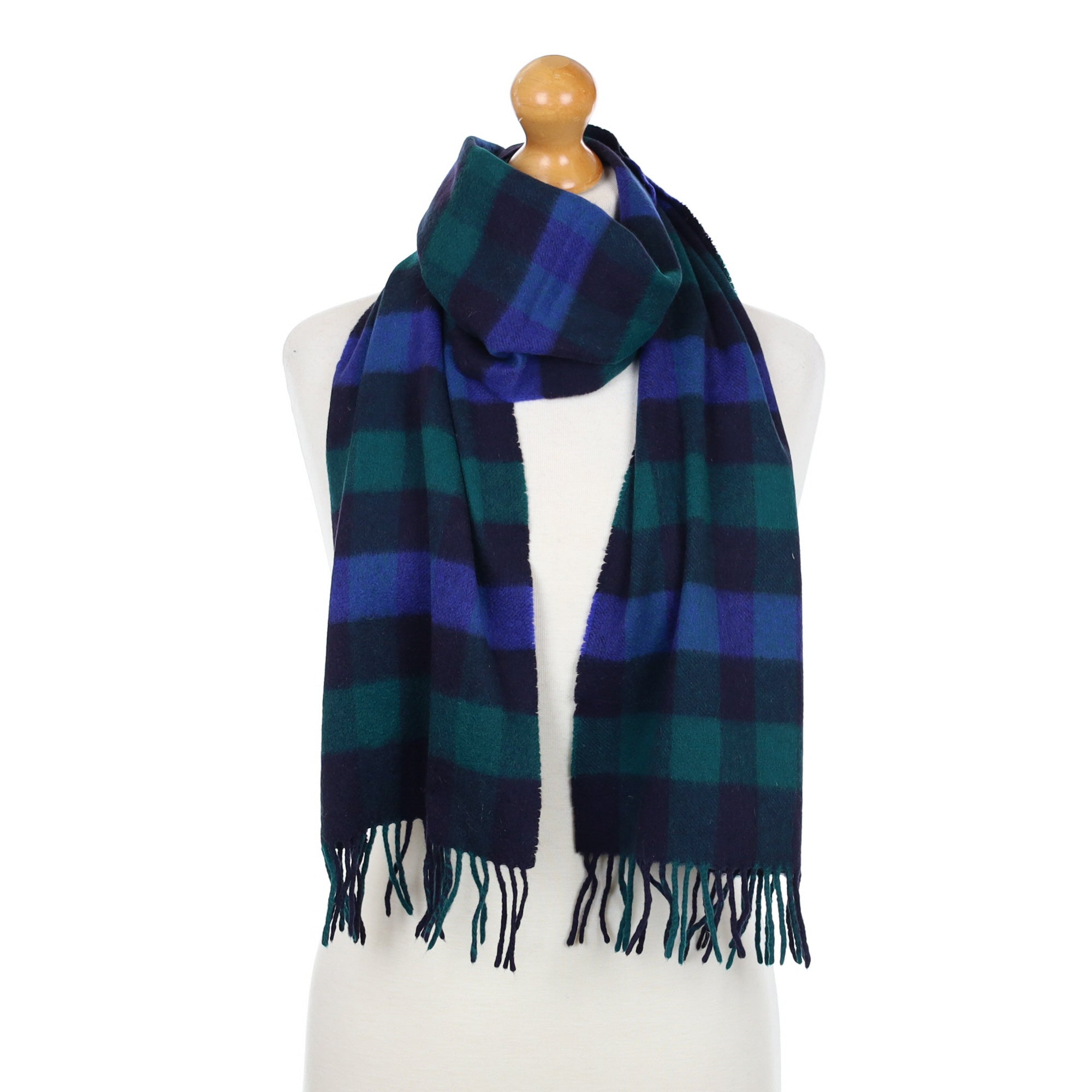Navy and Cobalt Check Cashmere Fringed Woven Scarf