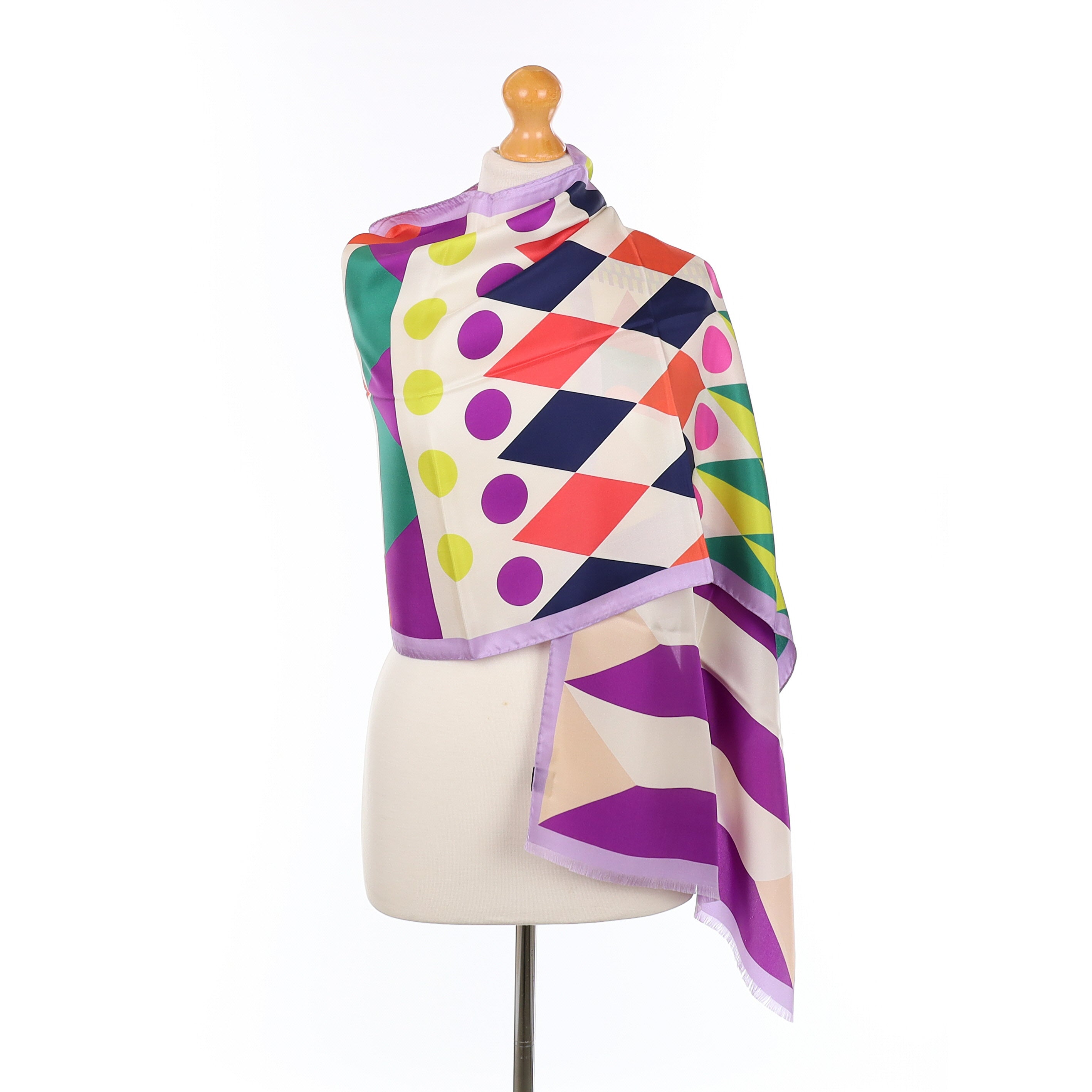 Brand New Italian Purple And Green Geometric Silk Wrap