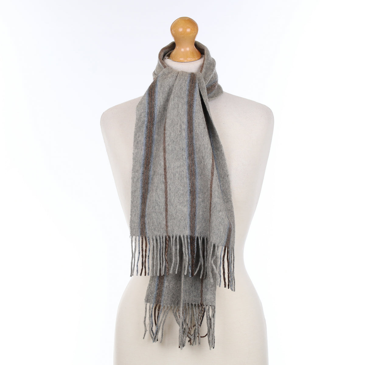 Grey and Brown Striped Cashmere Woven Scarf